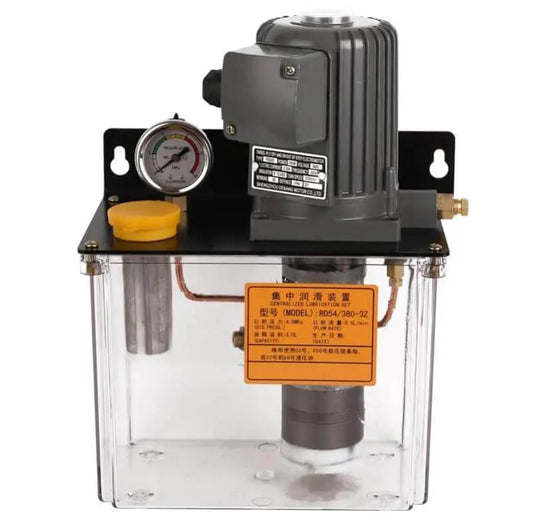 Front view of Grease Pump For Endrun Molding Machine 380V And 220V CNC Tool Lubrication Pump with gauge and clear reservoir.