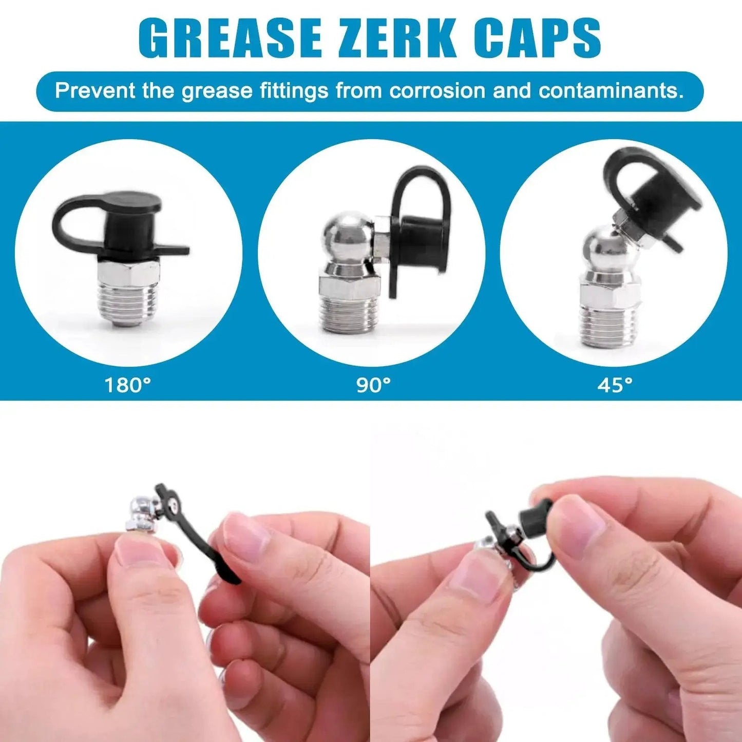 315 Piece SAE And Metric Grease Fittings Assortment Kit showing zerk fittings with caps in 180, 90, and 45 degree angles