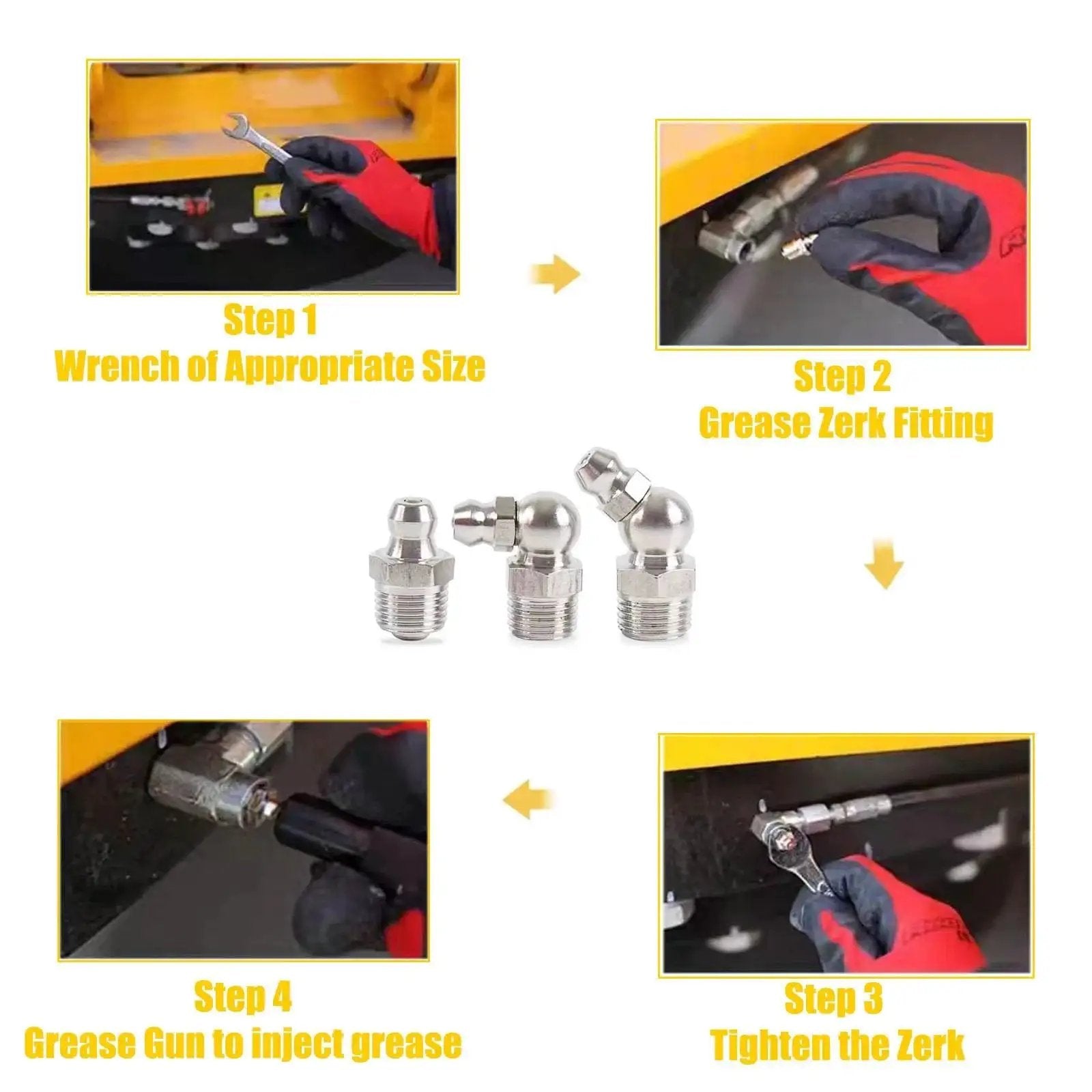 Step-by-step guide using Versatile Pro Grade Grease Fitting Assortment for Industrial and Agricultural Machinery, includes zerk fittings, grease gun.