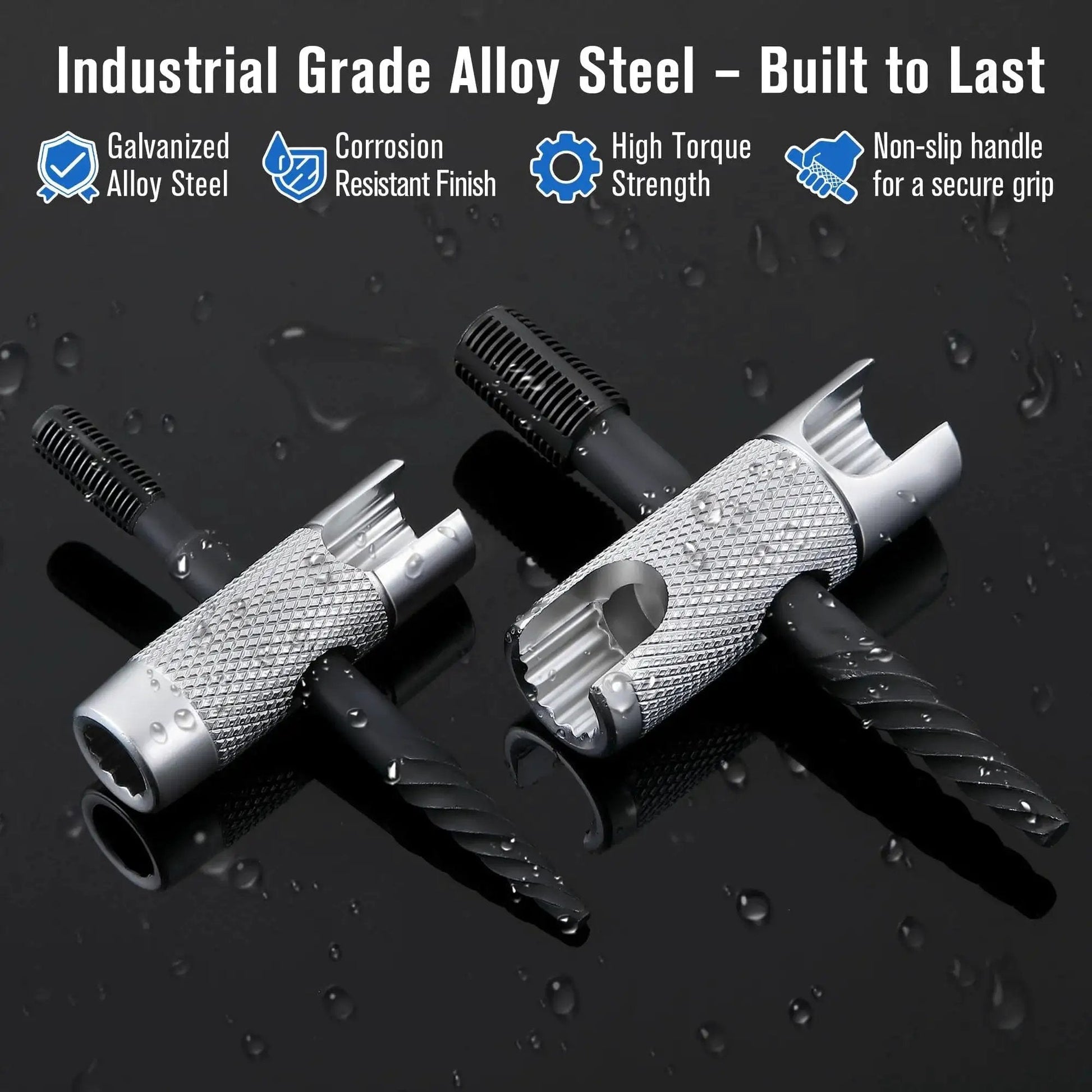 All In One Grease Zerk Fitting Tool Set for install remove rethread with removal tool, SAE 1/4-28, 1/8 NPT, M10x1, M8x1, hex sizes shown on dark surface