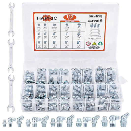 Grease Zerk Fittings Kit For Auto Techs And Home Mechanics Hapric 112 Pc SAE And Metric Hydraulic Fittings Set with storage box