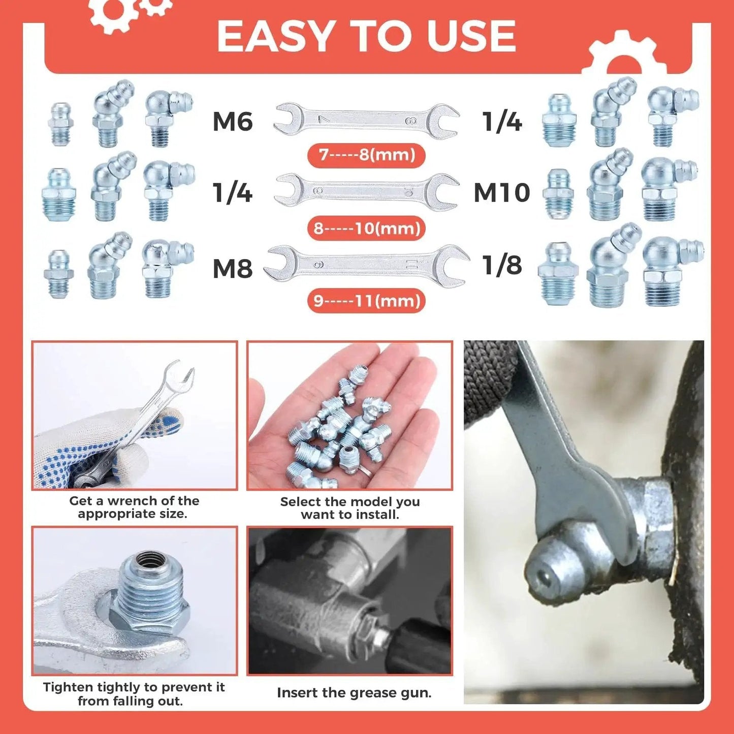 Instructional guide for Grease Zerk Fittings Kit For Auto Techs And Home Mechanics Hapric 112 Pc SAE And Metric Hydraulic Fittings