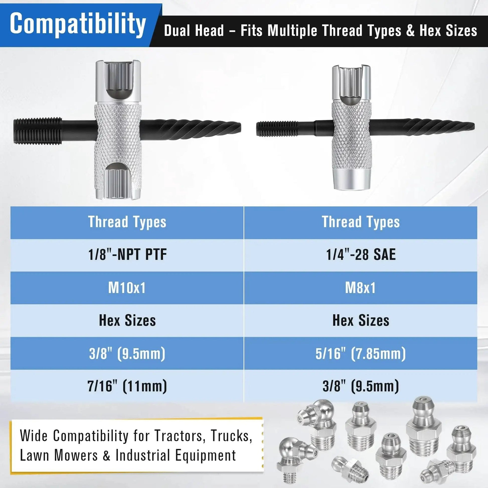 All In One Grease Zerk Fitting Tool Set For Install Remove Rethread With Removal Tool chart showing thread and hex sizes