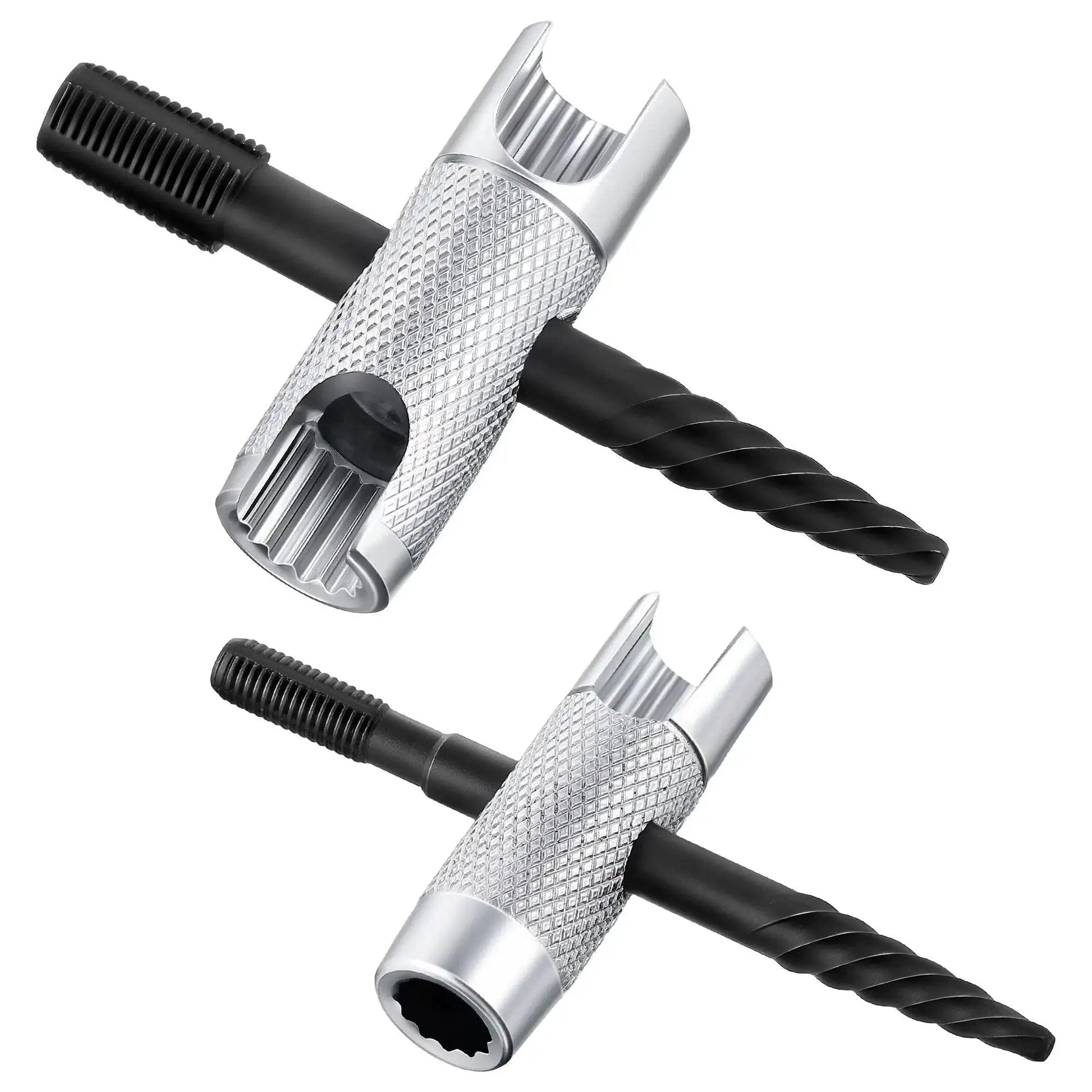 Two-piece All In One Grease Zerk Fitting Tool Set for Install Remove Rethread with hex ends and rethreading feature, black and silver.