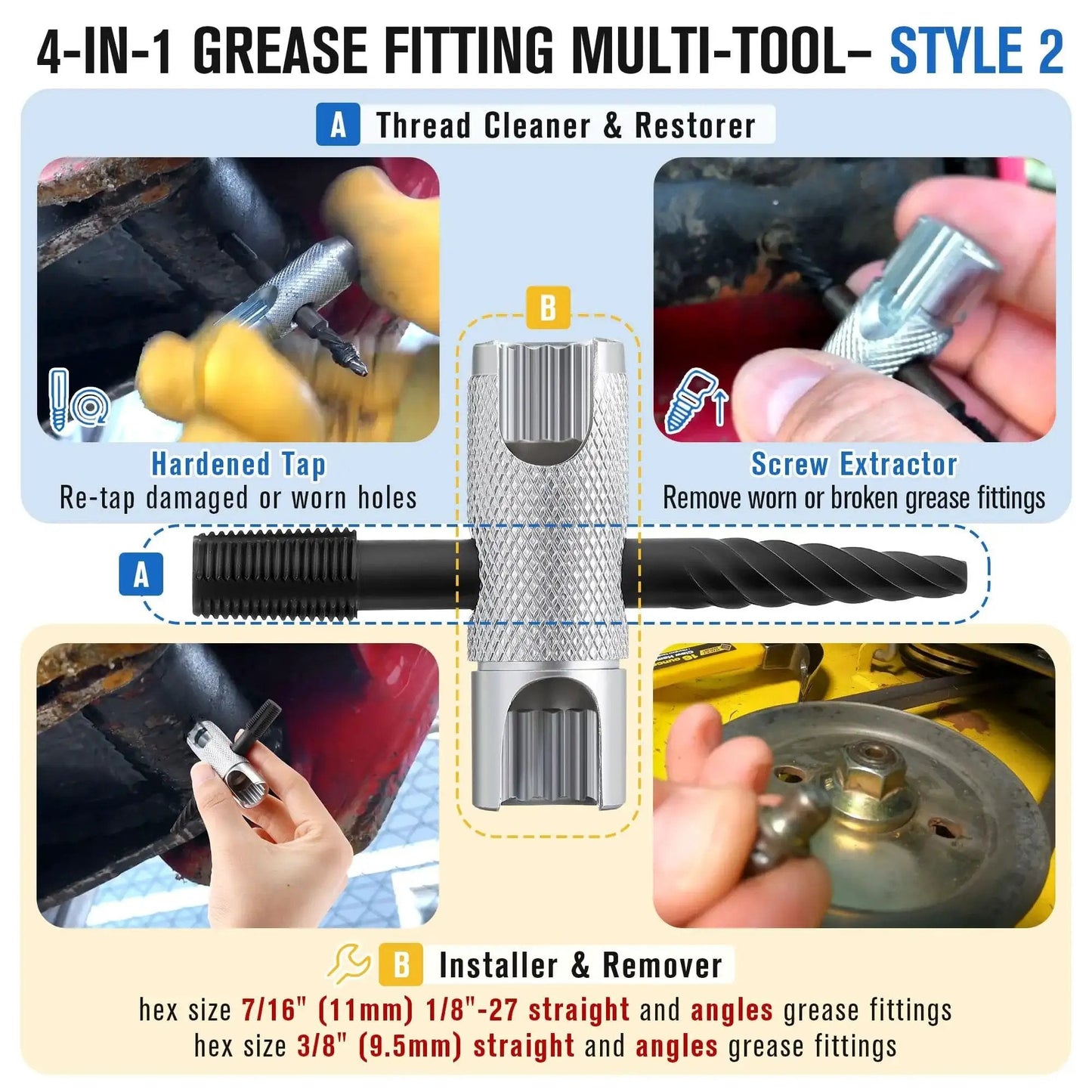 All In One Grease Zerk Fitting Tool Set For Install Remove Rethread With Removal Tool showing multi-tool parts in use