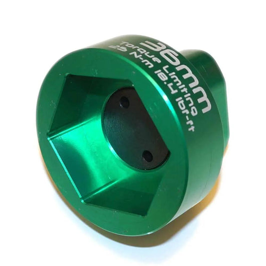 Green 2 Stage 36mm Torque Limiting Oil Filter Wrench, 6061-T6 Aluminum, showing hexagonal design and torque limit text