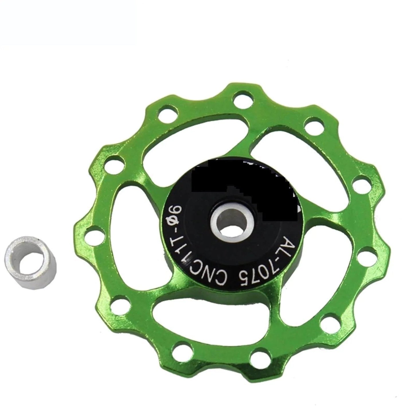 Green Pulley Bicycle Aluminum Guide Wheel Rear Derailleur Metal Bearing Guide Piece with black center.