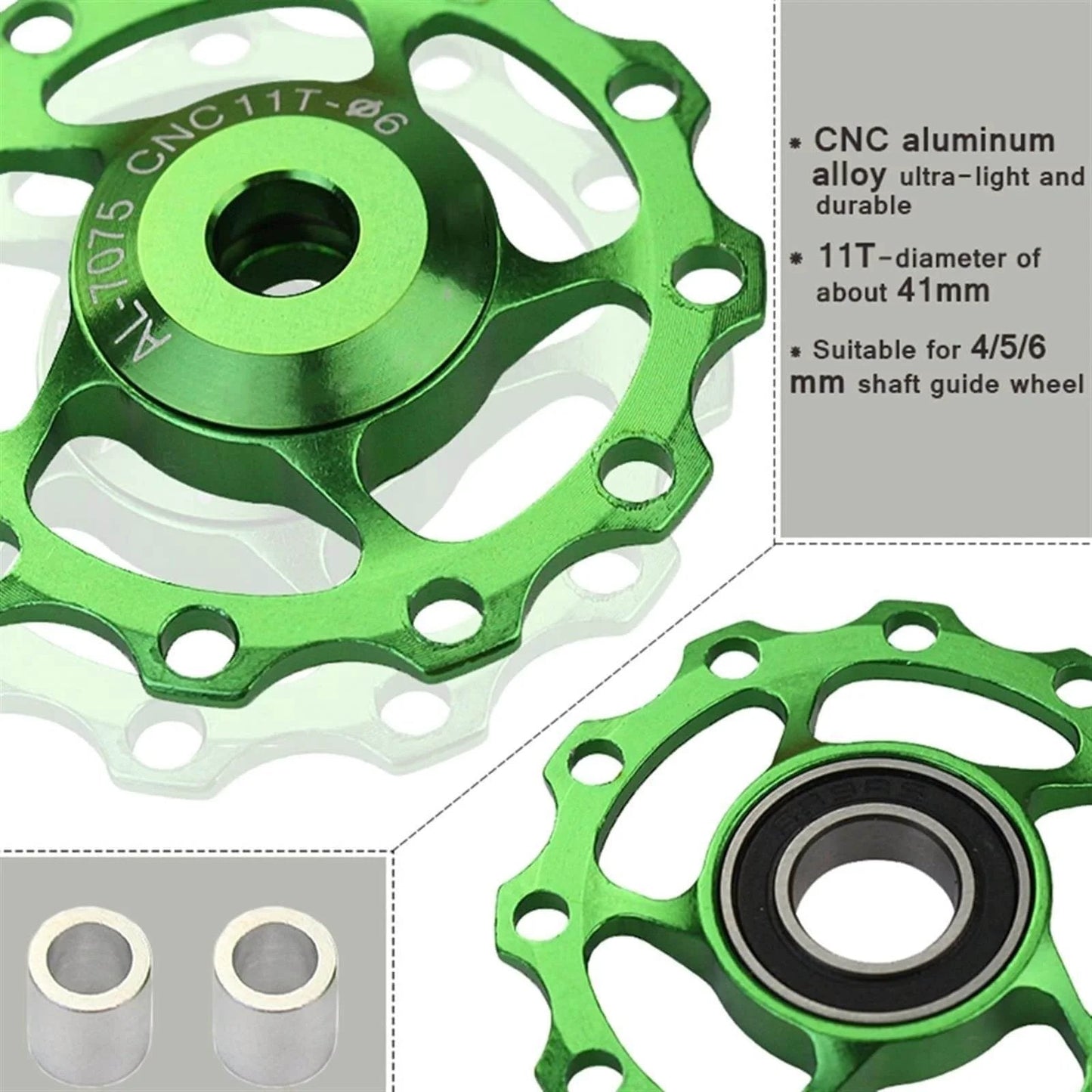 Green Pulley Bicycle Aluminum Guide Wheel Rear Derailleur Metal Bearing Guide Piece Mountain Road Bike Accessories Pulley Bearing with bearings and specifications.