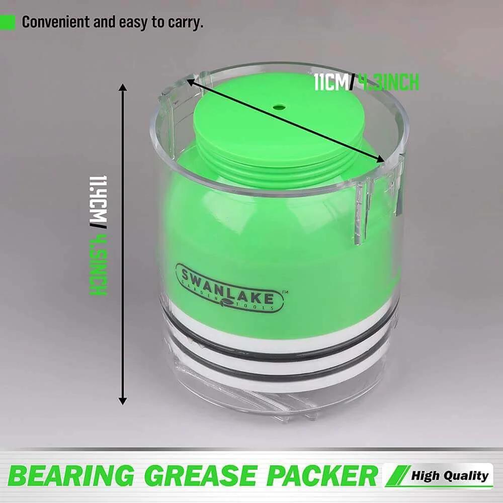 Close-up of Premium Bearing Packer Kit in green, showing dimensions, 11cm height, part of Portable Handy Wheel Bearing Packer Tool.