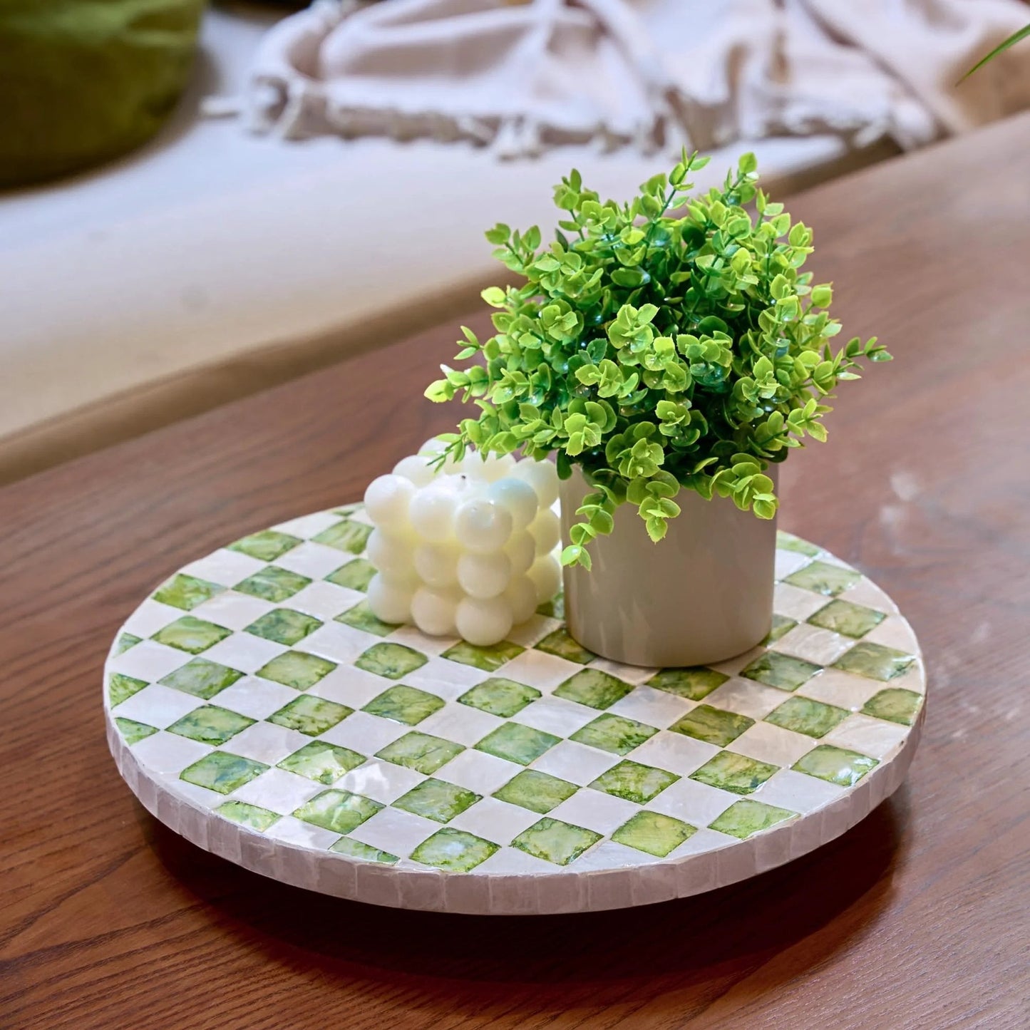 12 Inch Checkered Lazy Susan Handcrafted Capiz Shell Turntable Inlaid On Pine Wood With Pistachio Green Checker Pattern Made By Vietnamese Artisans For Kitchen Counter Dining Table Coffee Table Bathroom Organization