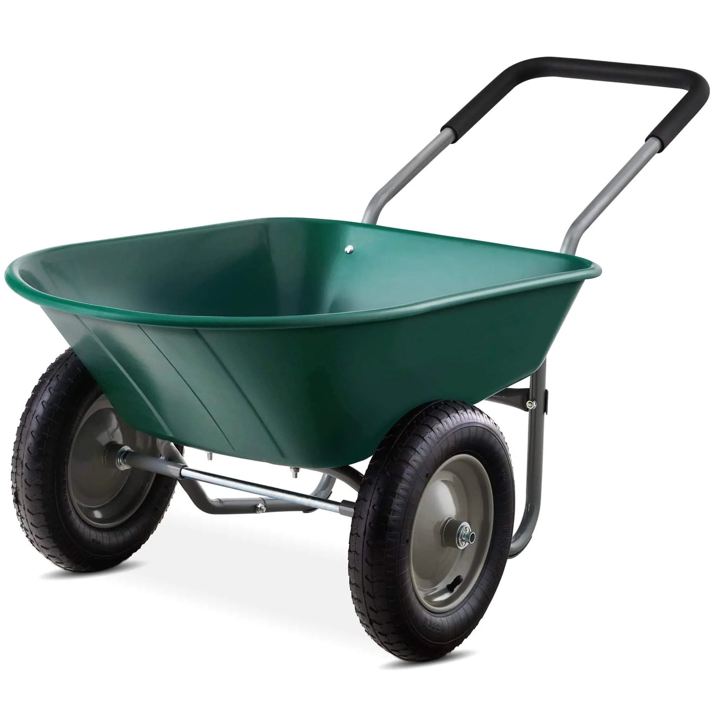 Green Dual Wheel Home Utility Yard Wheelbarrow Garden Cart with Built In Stand 5 Cubic Foot Capacity 330 lb Load for gardening