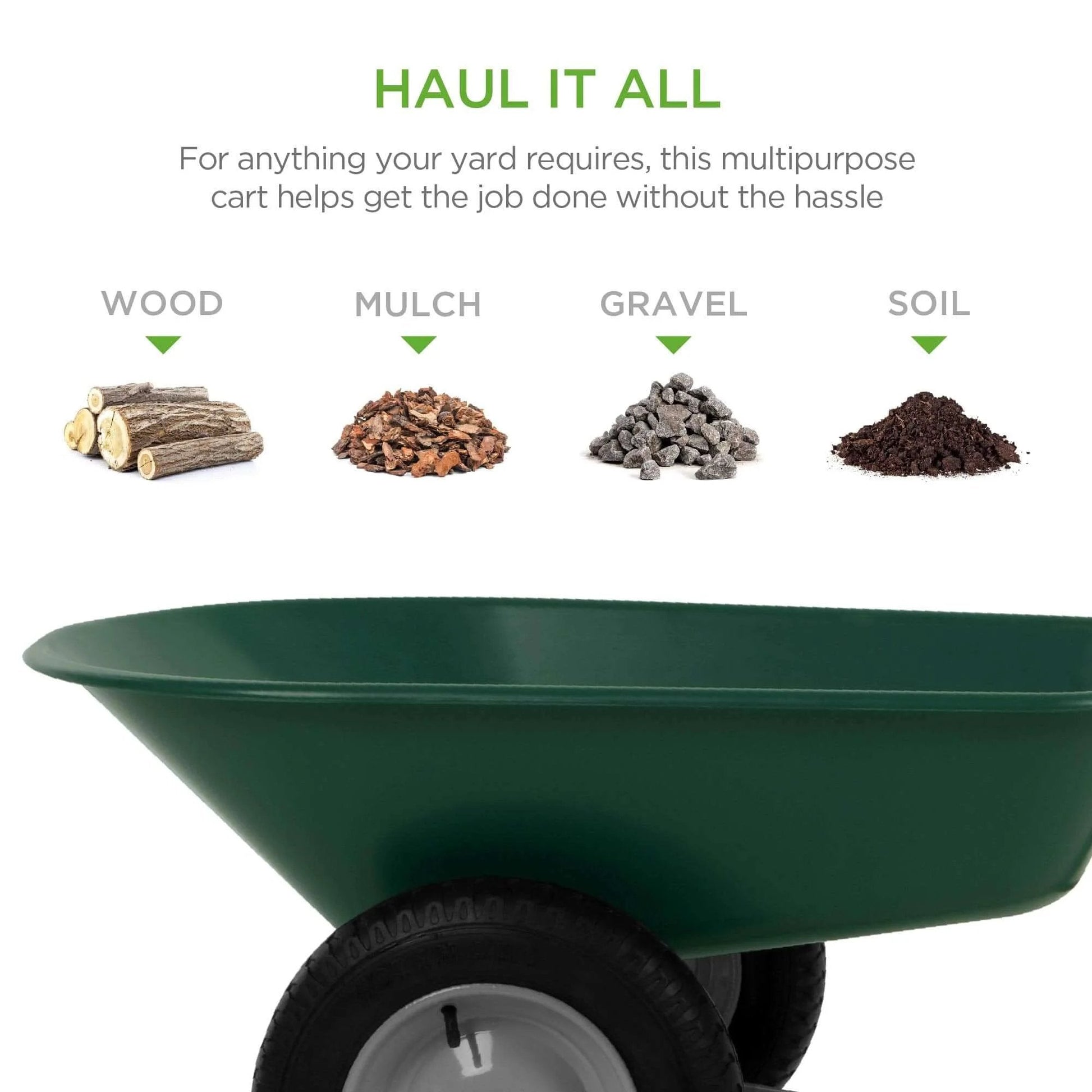 Dual Wheel Home Utility Yard Wheelbarrow Garden Cart with Built In Stand 5 Cubic Foot Capacity 330 lb Load Green for lawn materials