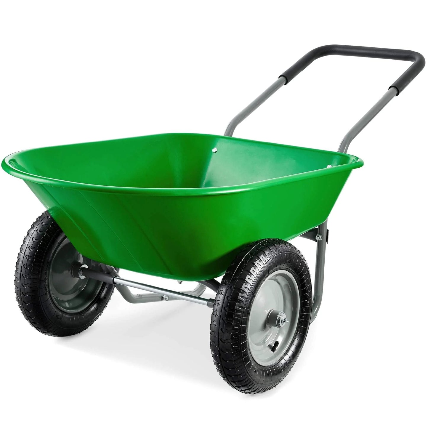 Bright green Dual Wheel Home Utility Yard Wheelbarrow Garden Cart with Built In Stand 5 Cubic Foot Capacity 330 lb Load for gardening.