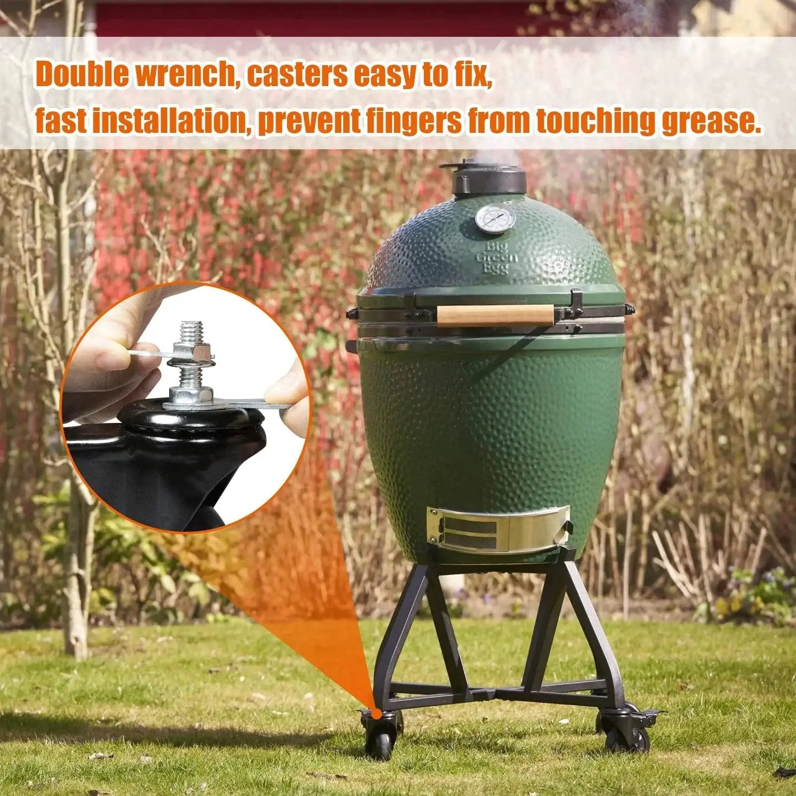 Green Egg rolling cart with caster wheels 4 inch locking stem casters swivel stem casters installation detail inset