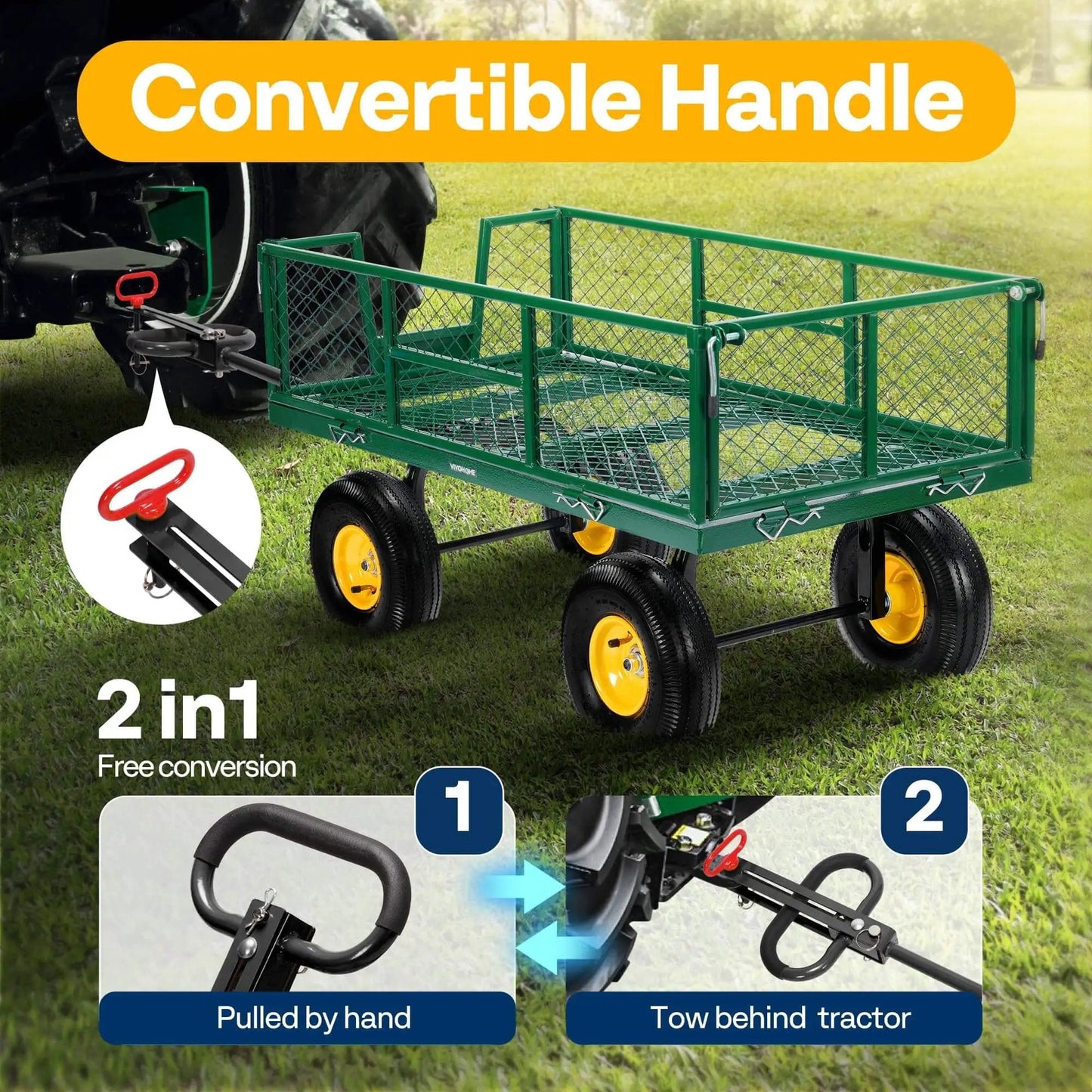 Heavy Duty Garden Cart With 900 Lb Capacity And 38x20 Steel Bed, Rust Resistant Yard Wagon pulled by tractor in yard.
