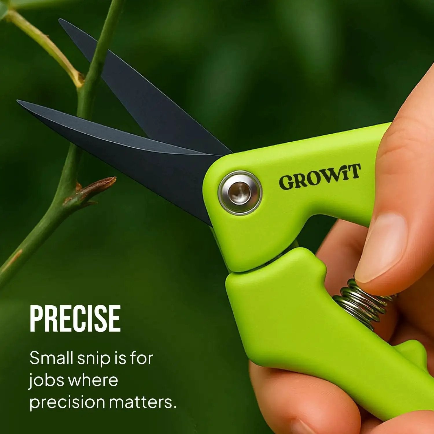 Close-up of green pruning snip from 2 Pack Stainless Steel Gardening Scissors Set With Pruning Shears And Clippers For Garden Pruning Versatile Dual Cut Pruning Combo For Delicate Flower And Shrub Trim To Thick Branches Vegetables Fruits And Landscaping.