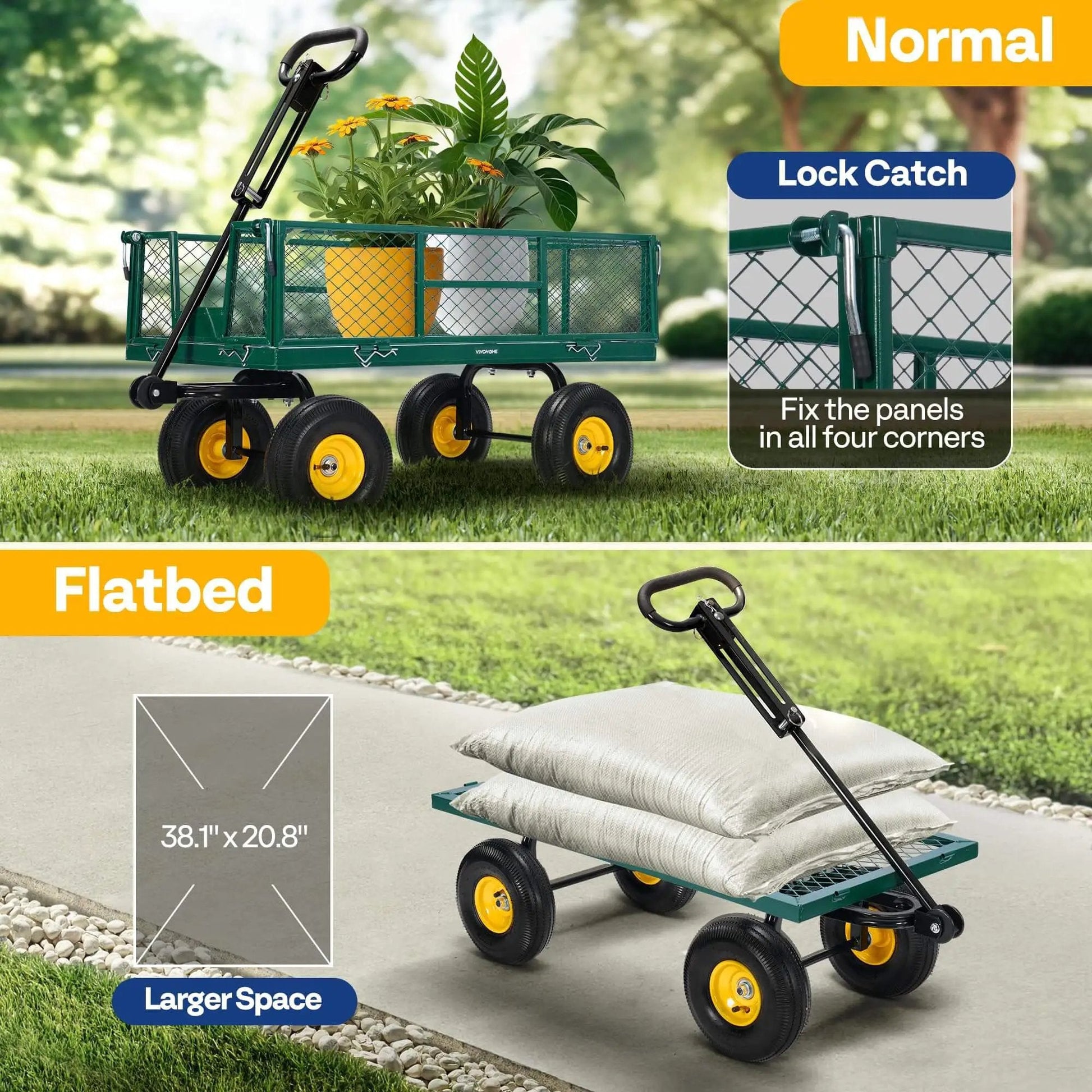 Heavy Duty Garden Cart With 900 Lb Capacity And 38x20 Steel Bed, Rust Resistant Yard Wagon With 10 Inch Wheels, Built In Handle