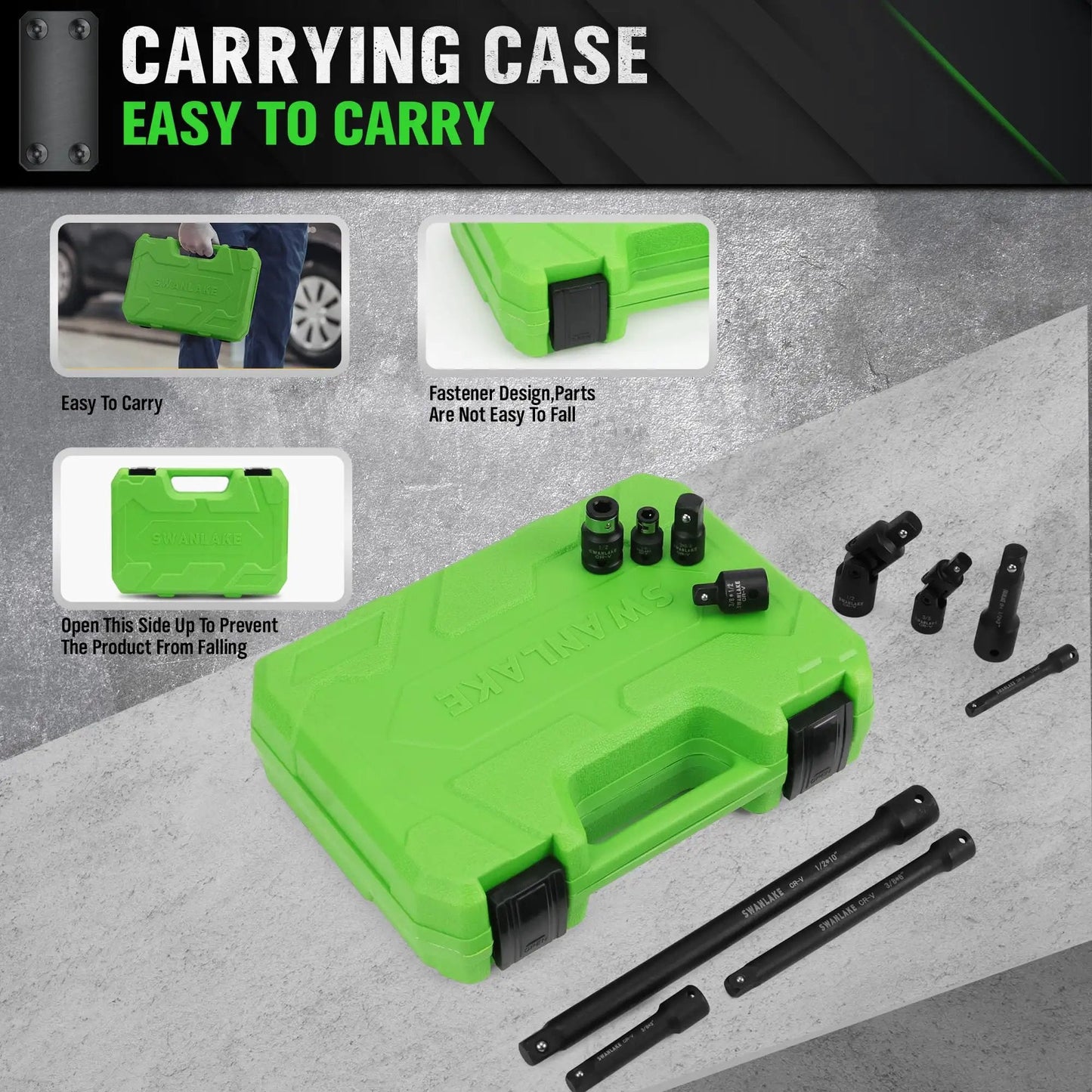 Rugged 18 Piece Impact Socket Extension Set With Swivel Universal Joint Deep Quarter Inch Drive Three Eighths Inch Drive And One Half Inch Drive Adapters Extension Bars And Three Ratchet Couplers CR-V Steel Alloy Corrosion Resistant Mechanic Tools shown with green carrying case.