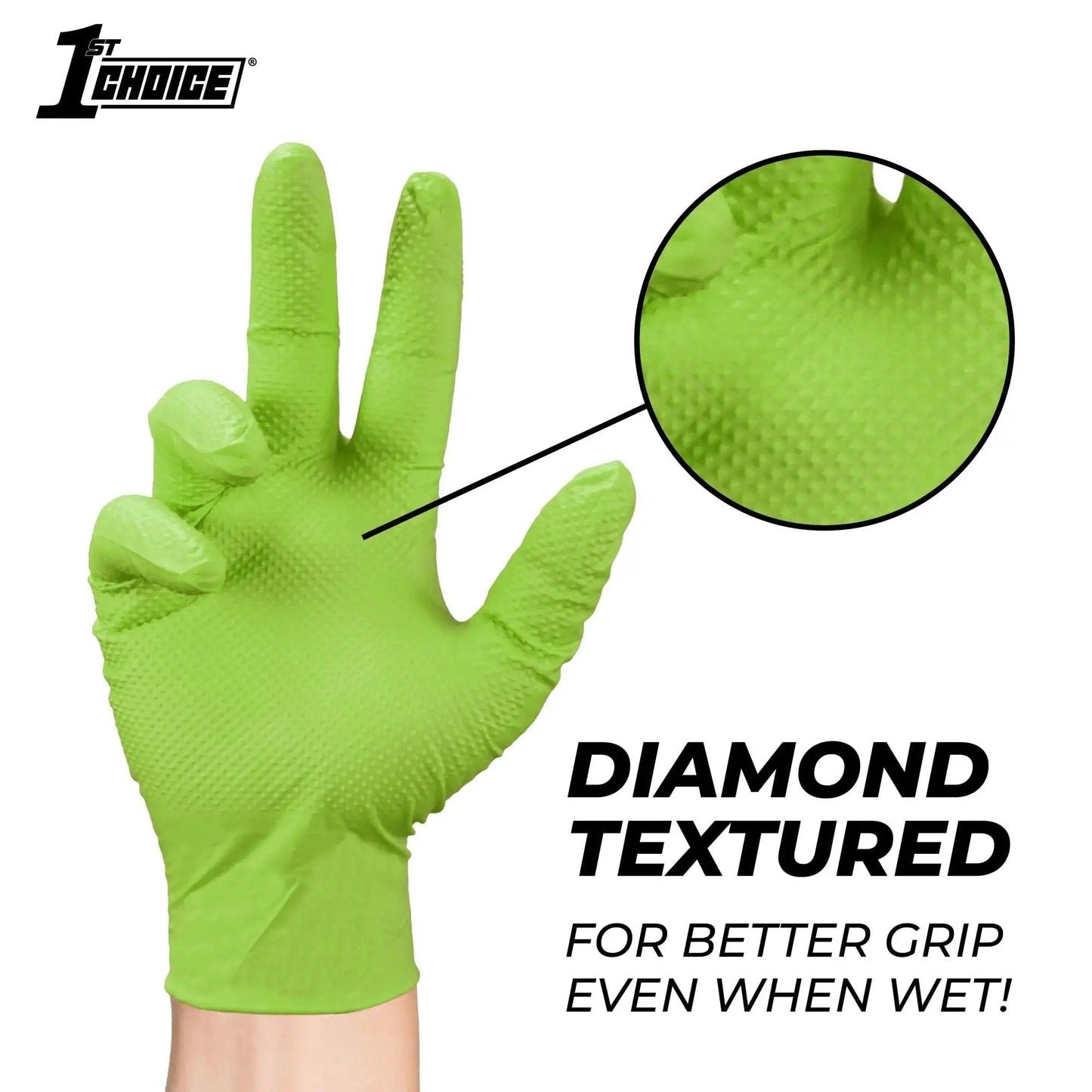 Green Nitrile Mechanic Disposable Gloves With Diamond Grip Latex Free 1000 Count showing textured fingertips
