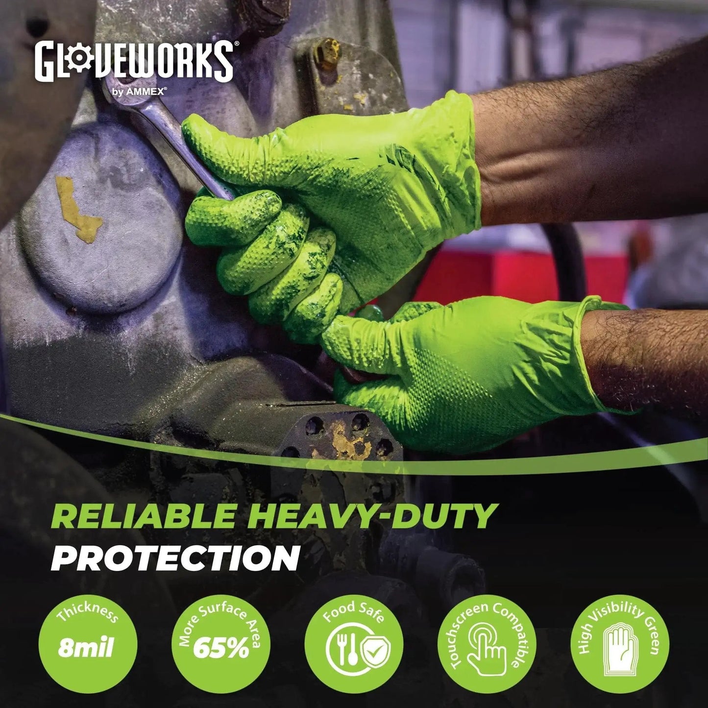 Green Nitrile Latex Free Gloves 8 Mil Heavy Duty Raised Diamond Texture Box 100 used for automotive repair