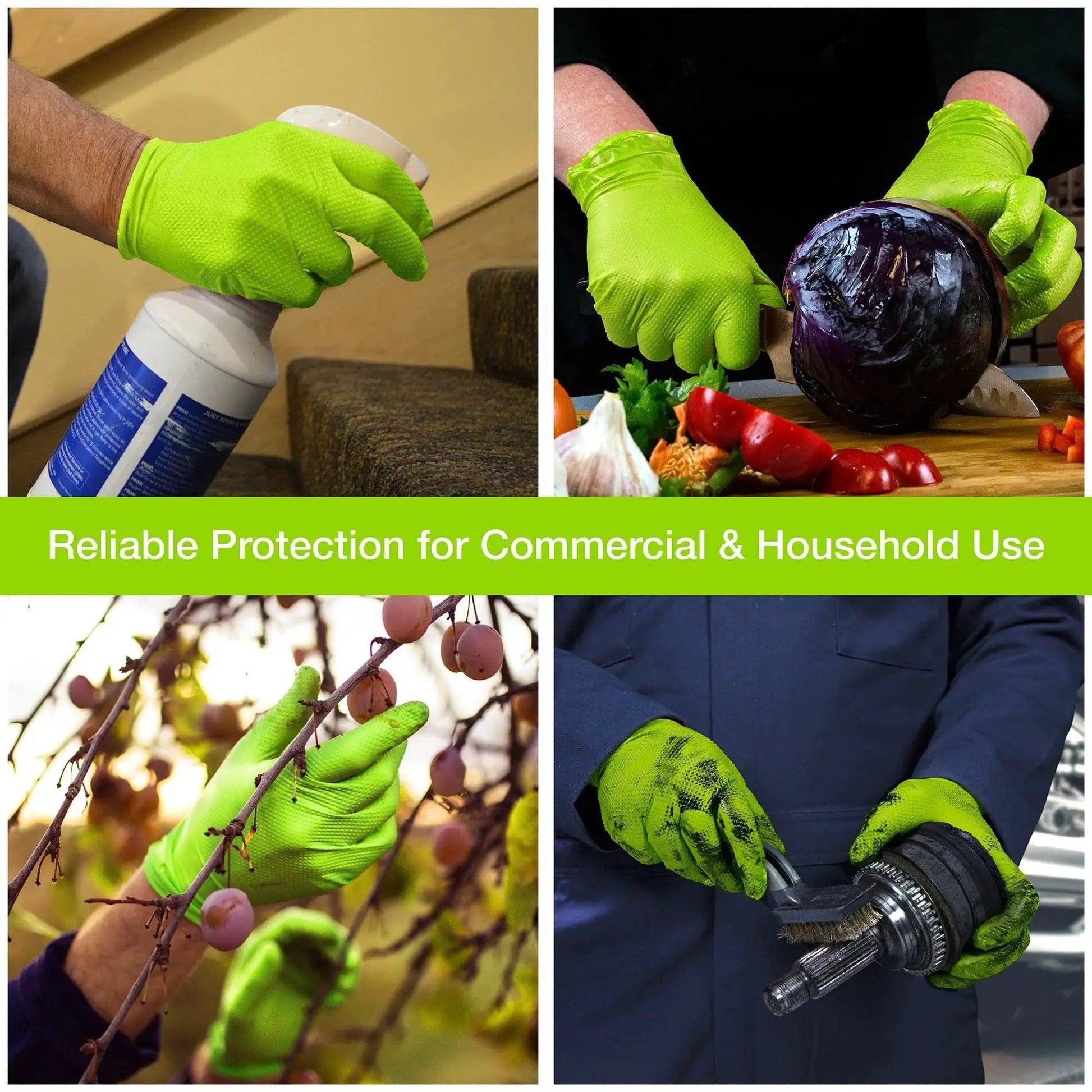 Green Nitrile Mechanic Gloves Raised Diamond Grip Latex Free Medium 200 Count in various household and mechanic tasks