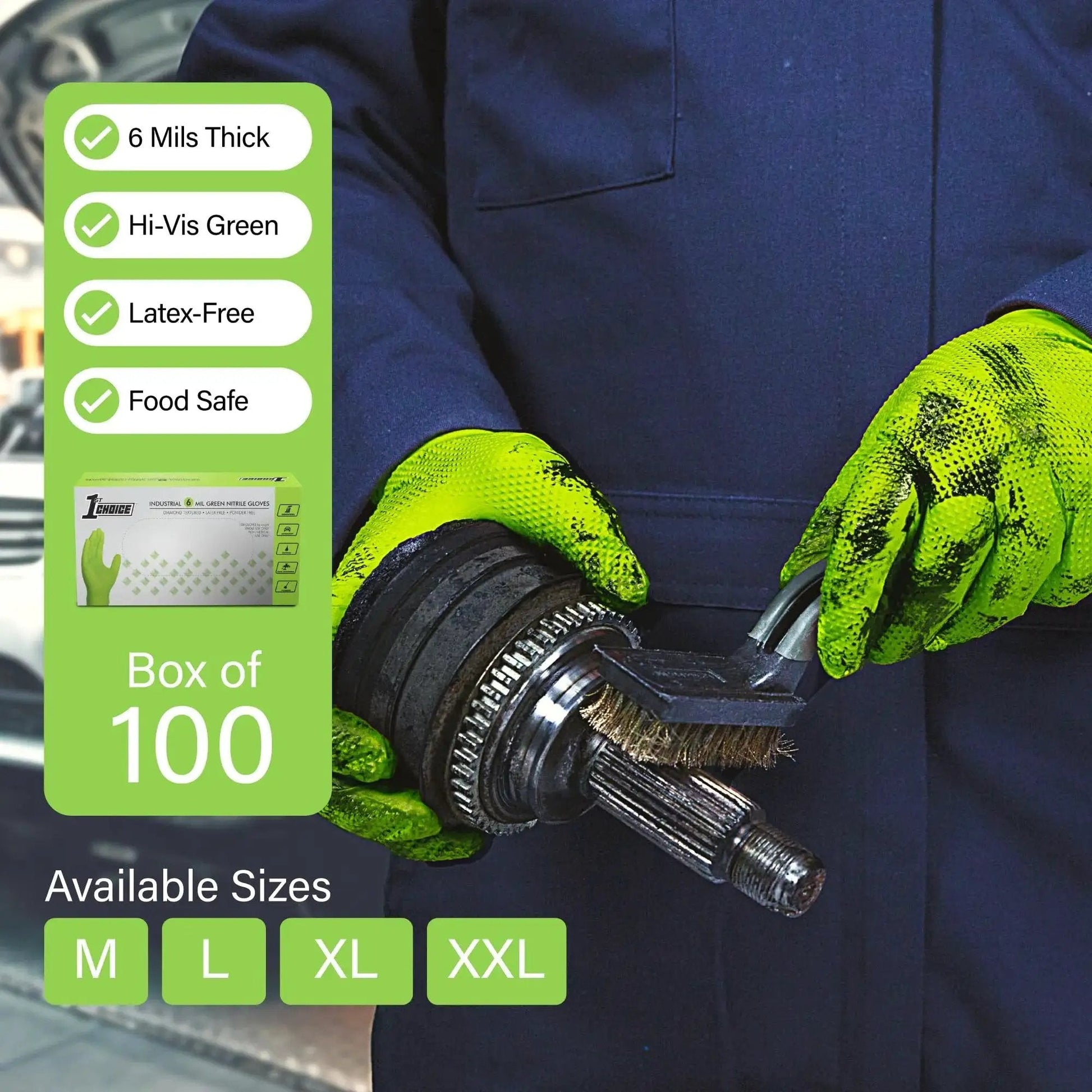 Green Nitrile Gloves Disposable Latex Free 100 Count Large used by mechanic for automotive work