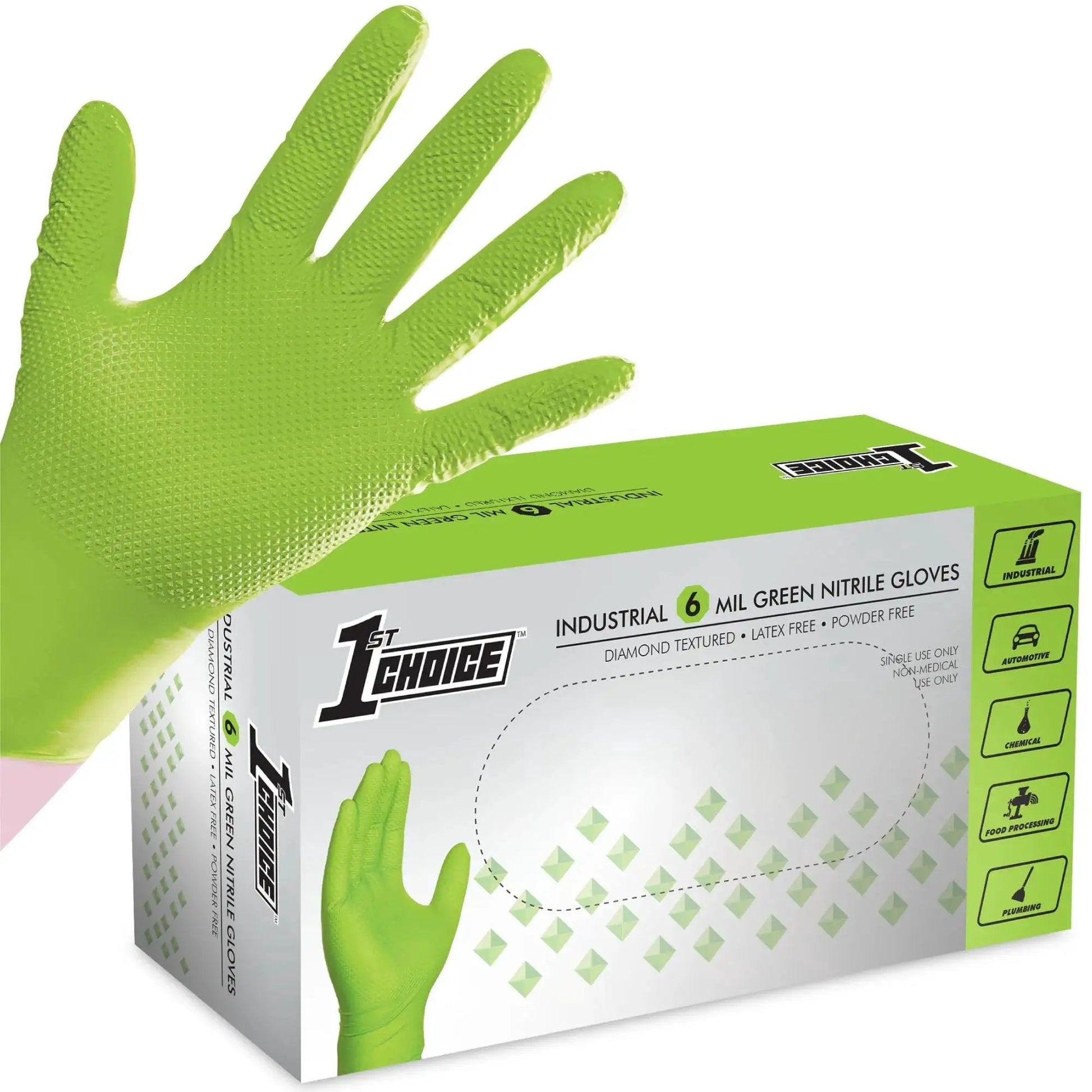 Green Nitrile Gloves Disposable Latex Free 100 Count Large, close-up of glove and packaging showing durable 6 mil thickness.