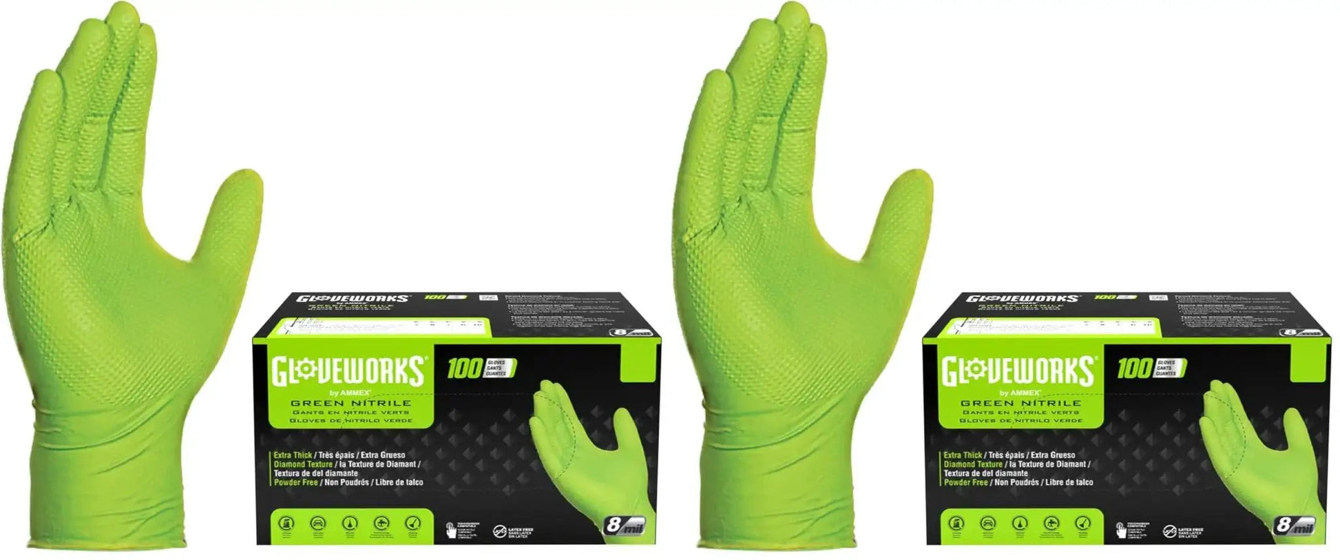 Green Nitrile Latex Free Gloves 8 Mil Heavy Duty Raised Diamond Texture Box 100 with gloves displayed