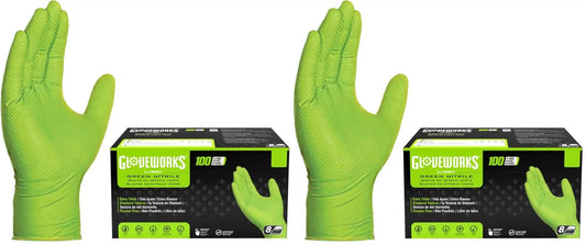 Green Nitrile Latex Free Gloves 8 Mil Heavy Duty Raised Diamond Texture Box 100 with gloves displayed