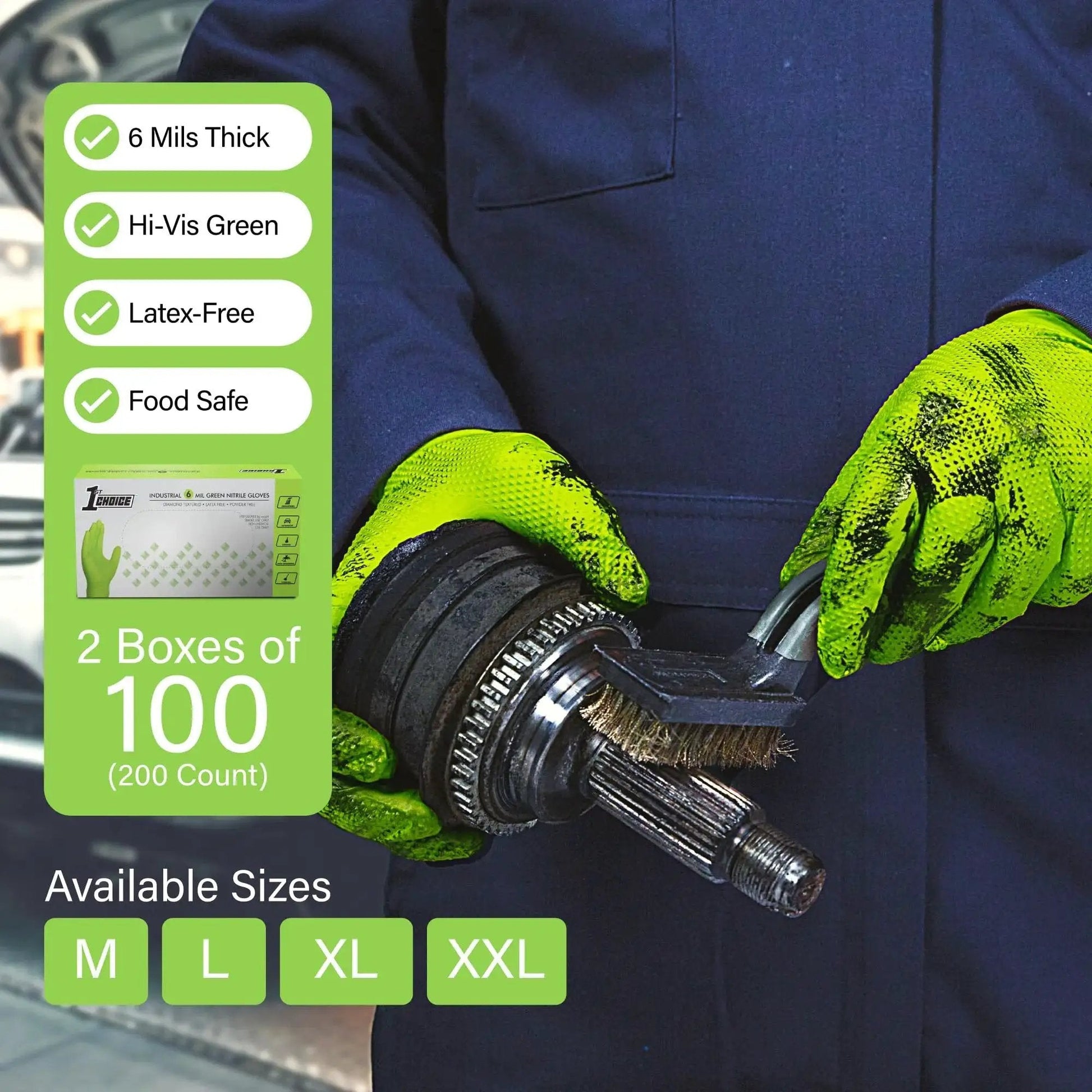 Person wearing green nitrile mechanic gloves with raised diamond grip handling a mechanical tool part, packaging details displayed.