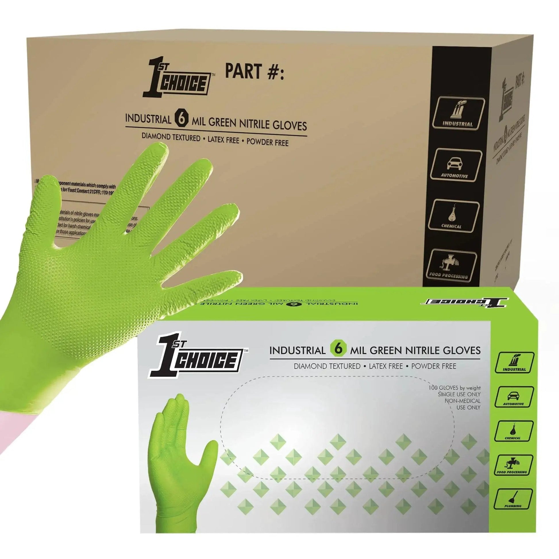 Green Nitrile Mechanic Disposable Gloves With Diamond Grip Latex Free 1000 Count box and glove