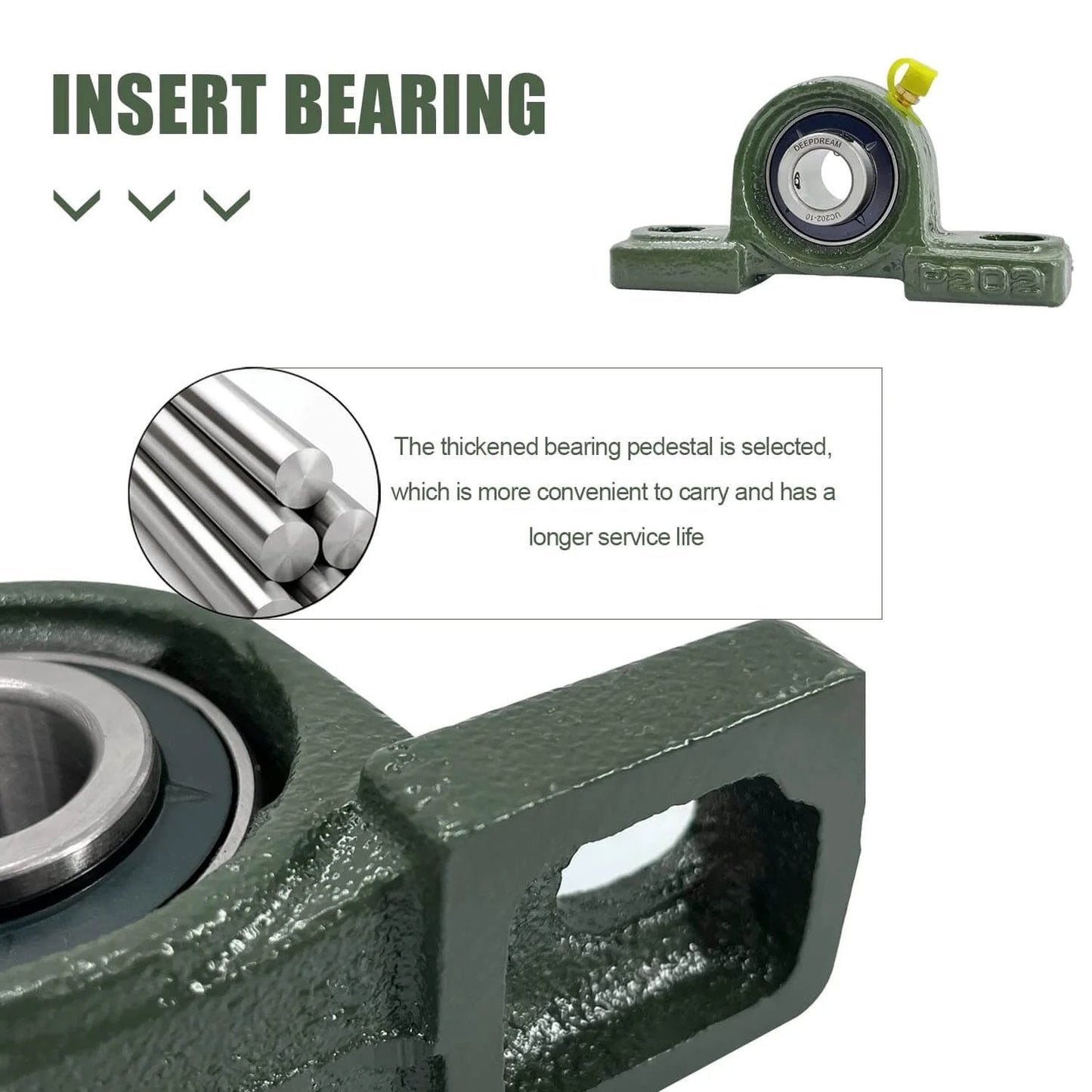 4 PCS UCP202-10 5/8 inch Pillow Block Bearing, close-up view showing chrome steel material and insert design features.