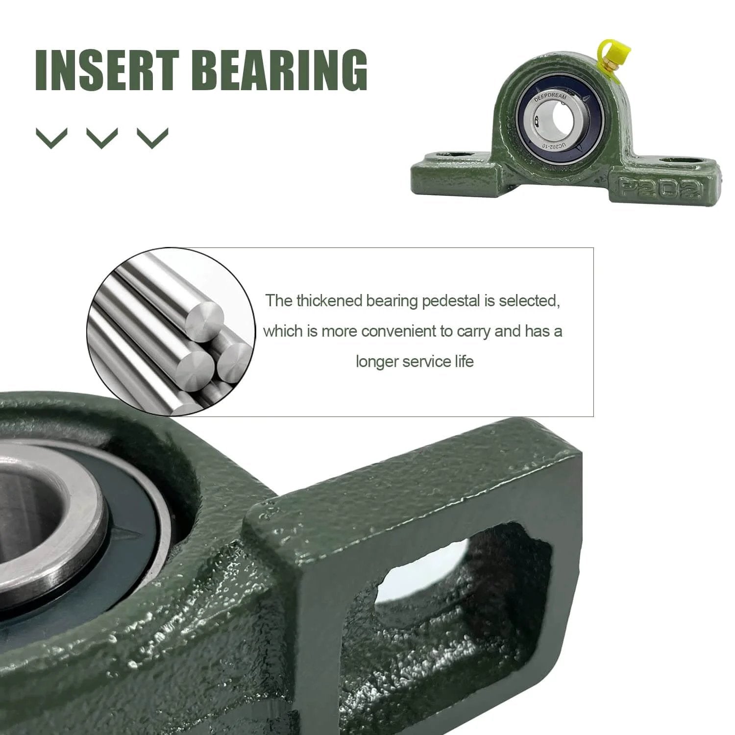 4 PCS UCP202-10 5/8 inch Pillow Block Bearing, close-up view showing chrome steel material and insert design features.