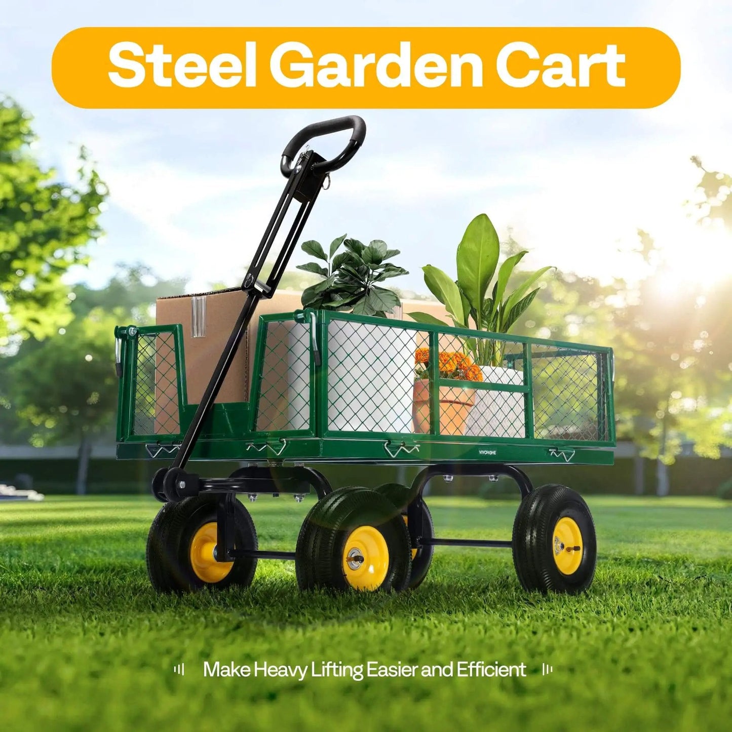 Heavy Duty Garden Cart With 900 Lb Capacity And 38x20 Steel Bed, Rust Resistant Yard Wagon With 10 Inch Wheels, Built In Handle