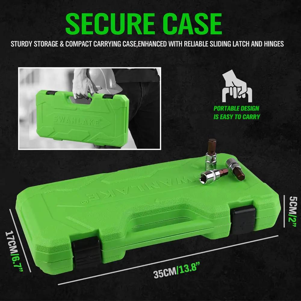 Secure green case for All Purpose Hex Bit Socket Kit With SAE And Metric Sizes In One Quarter Inch, Three Eighths Inch, And One Half Inch Drives, Forged From S2 And CrV Steel For Automotive And Machinery Repair, Swanlake 32 Piece Set.