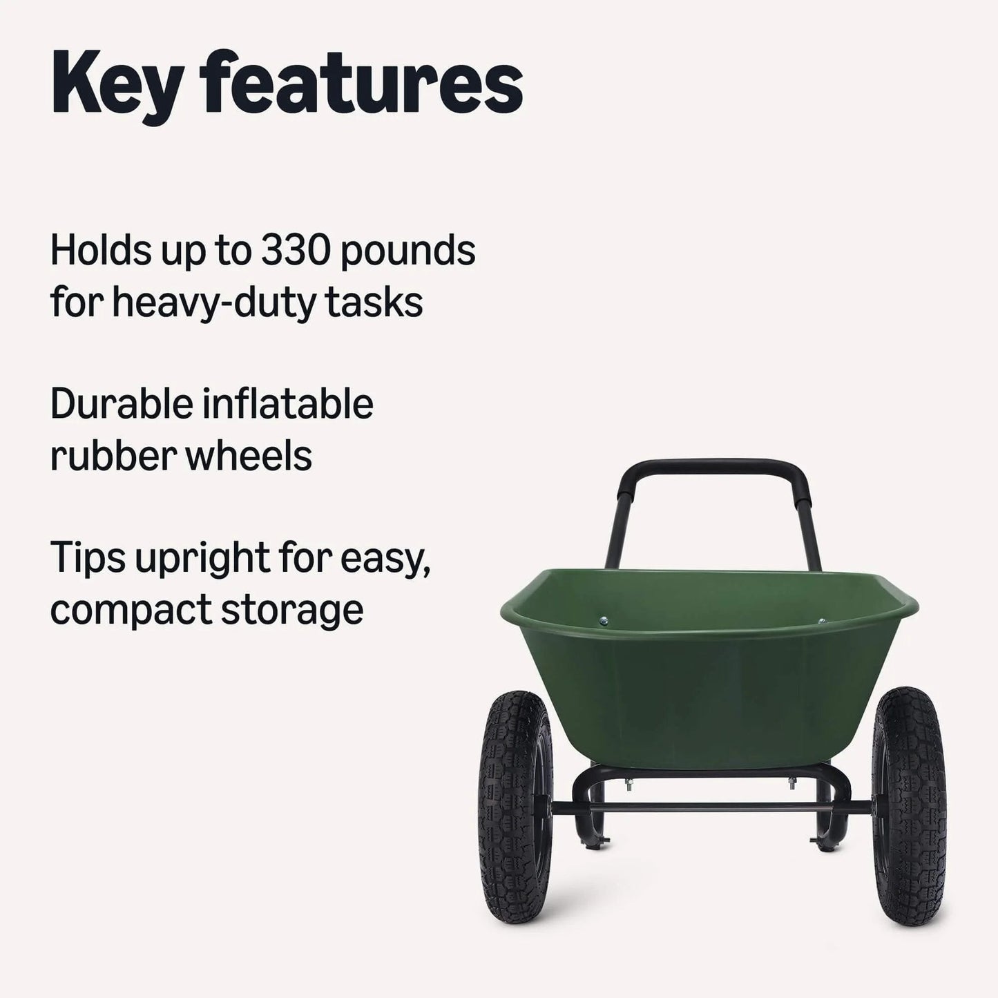 3.7 Cubic Feet Garden Wheelbarrow with 330 Pound Capacity, Lightweight Steel Frame and Plastic Tub, Inflatable Rubber Wheel. Key features.