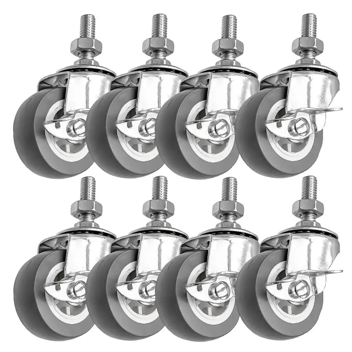 Pack of 8 2 Inch Grey Caster Wheel Threaded Stem Mount 3/8 To 1.2 Inch, Dual Locking Brake Locks Both Wheel And Swivel, 360 Degree Swivel