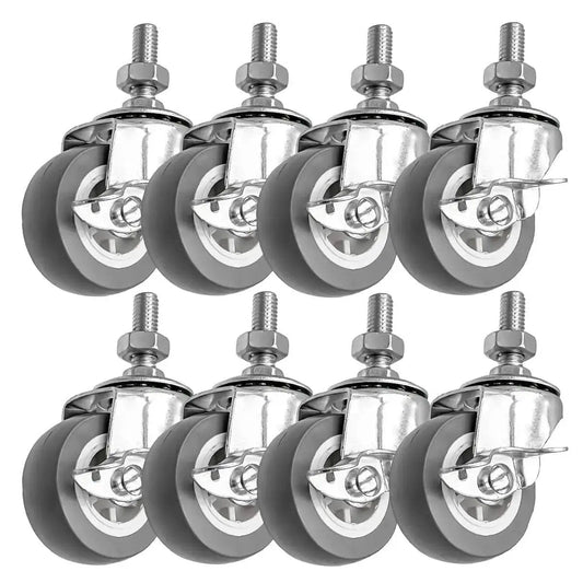 Pack of 8 2 Inch Grey Caster Wheel Threaded Stem Mount 3/8 To 1.2 Inch, Dual Locking Brake Locks Both Wheel And Swivel, 360 Degree Swivel