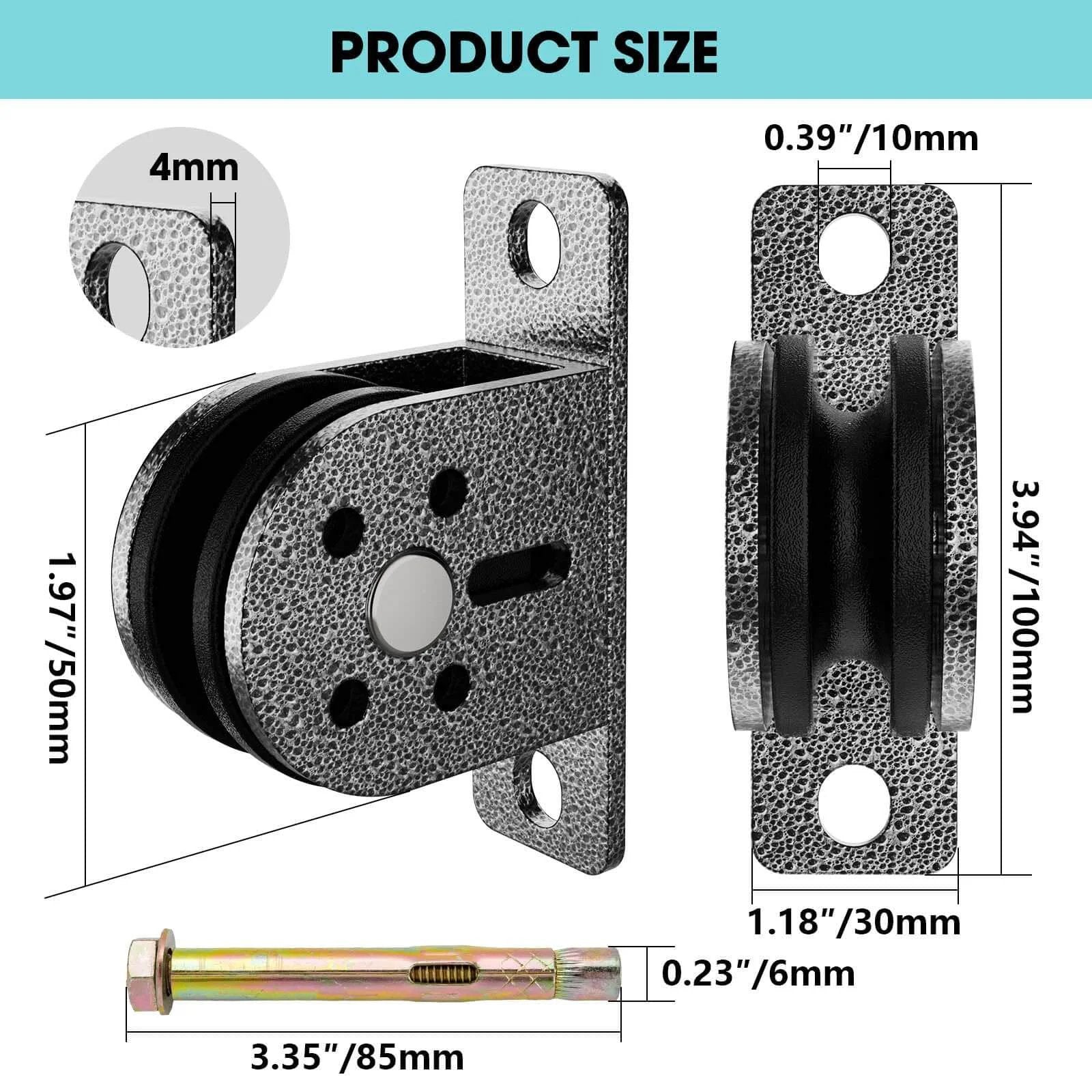 Size dimensions of Cable Rope Bearing Pulley Wheel, Wall-Mounted Fixed Pulley Weight System for Home Gym, Grey, 1pc