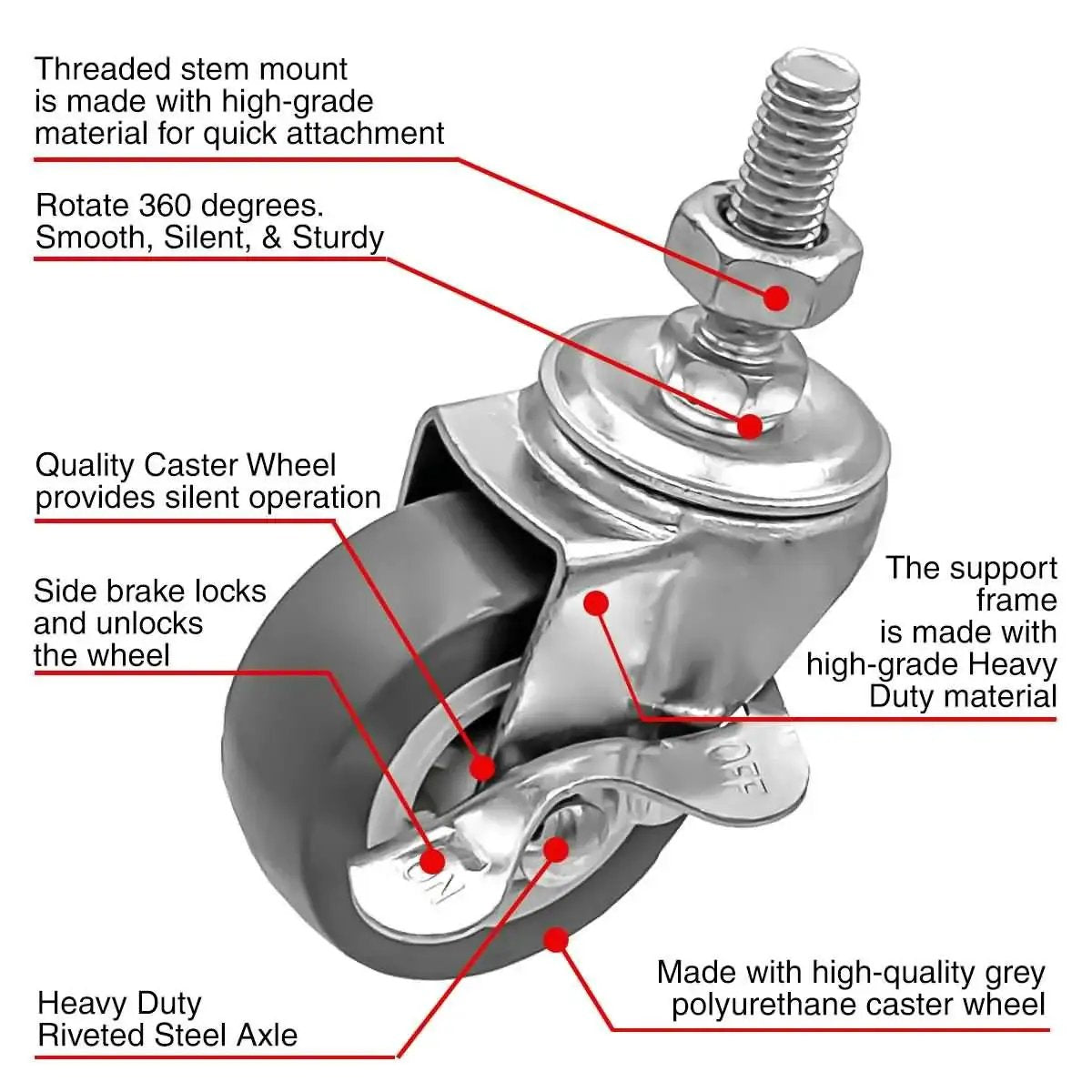 2 Inch Grey Caster Wheel Threaded Stem Mount 3/8 To 1.2 Inch, Dual Locking Brake, 360 Degree Swivel, Polyurethane Wheel