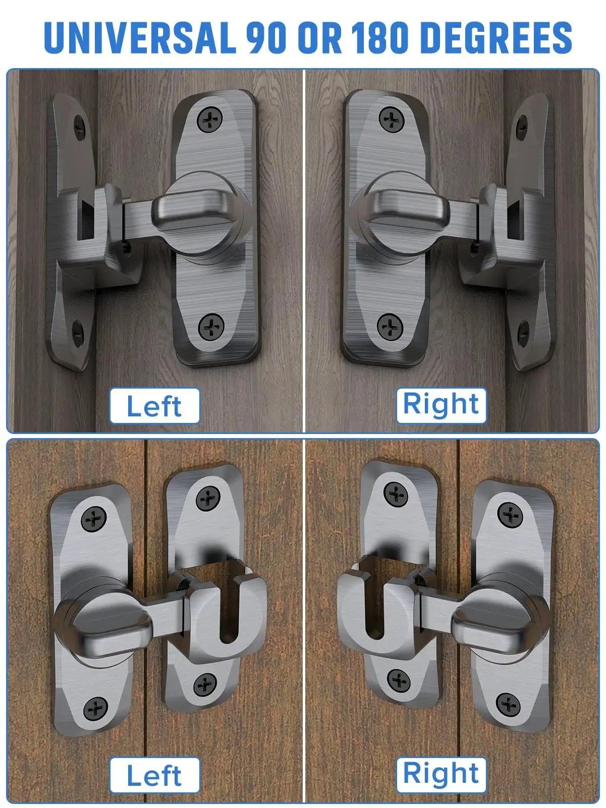 90 And 180 Degree Flip Barn Door Lock 2 In 1 Privacy Security Sliding Latch mounted on wooden door, grey finish