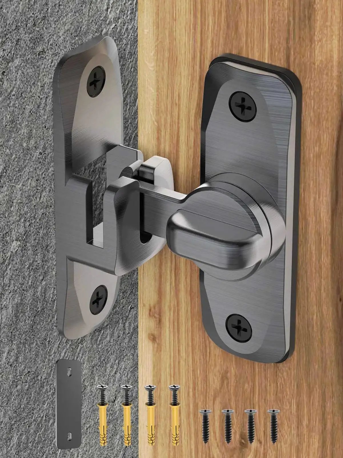 90 And 180 Degree Flip Barn Door Lock 2 In 1 Privacy Security Sliding Latch installed on wooden and stone surface with screws