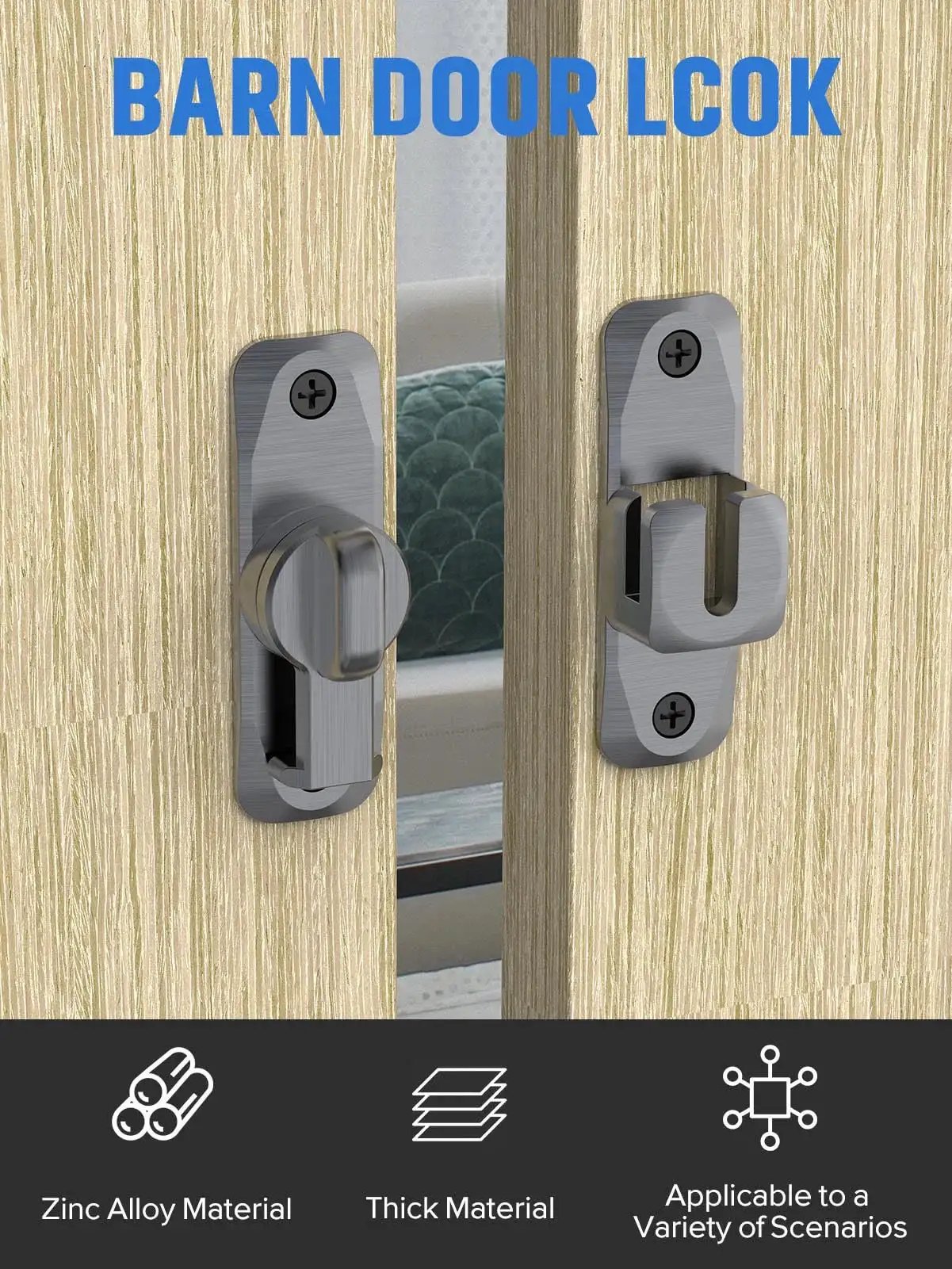 90 And 180 Degree Flip Barn Door Lock 2 In 1 Privacy Security Sliding Latch Zinc Alloy Grey Finish Installed on Door
