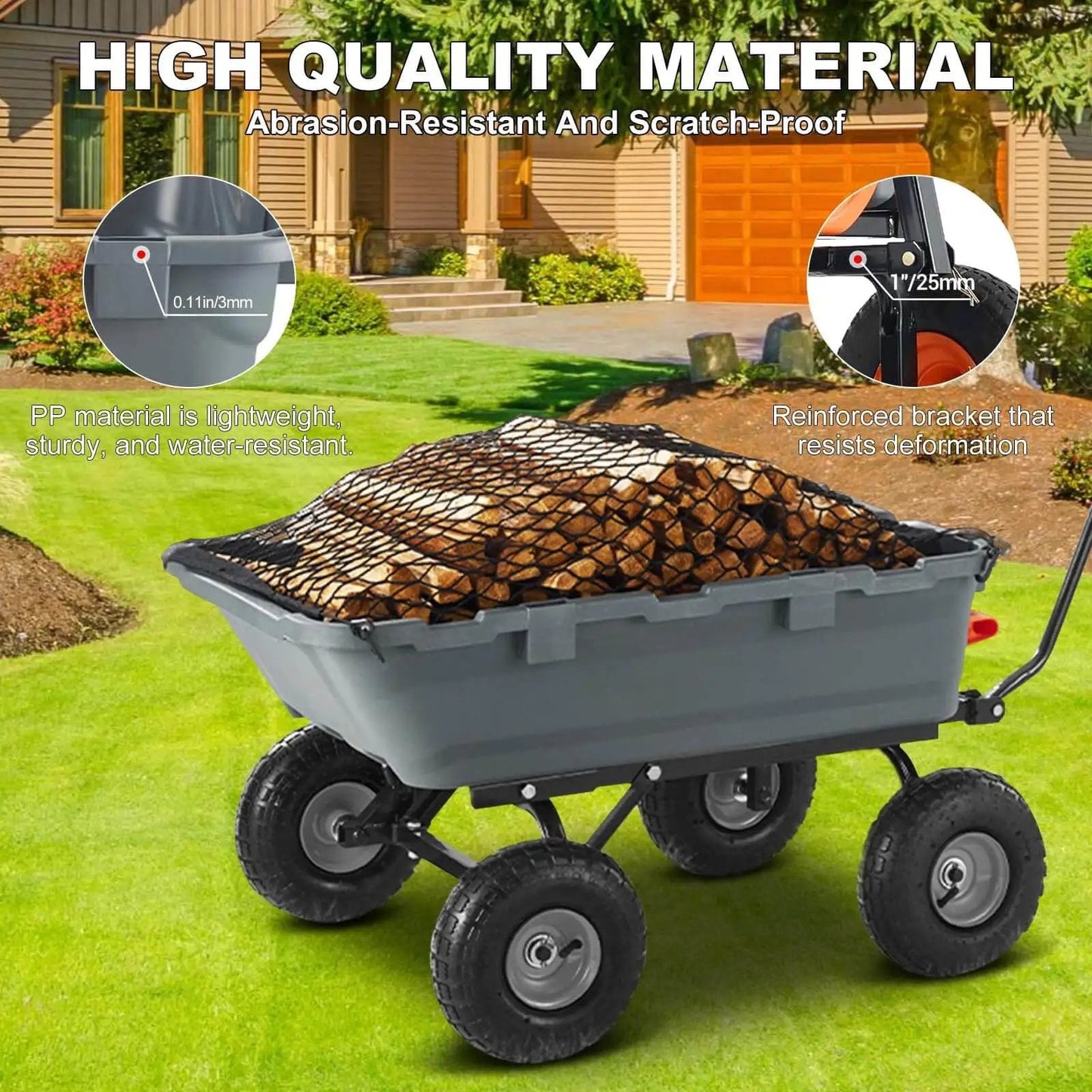Heavy Duty Garden Dump Cart For Outdoors 800 Lb Capacity With Quick Release Dump And 10 Inch Flat Free All Terrain Wheels Utility Wagon For Soil Mulch Plants And Tools Grey loaded with firewood in backyard