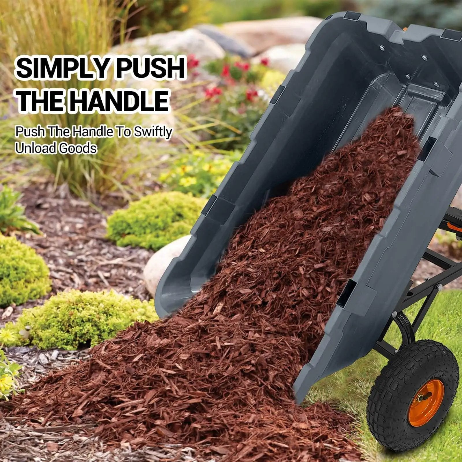 Heavy Duty Garden Dump Cart For Outdoors 800 Lb Capacity With Quick Release Dump And 10 Inch Flat Free All Terrain Wheels Utility Wagon spilling mulch