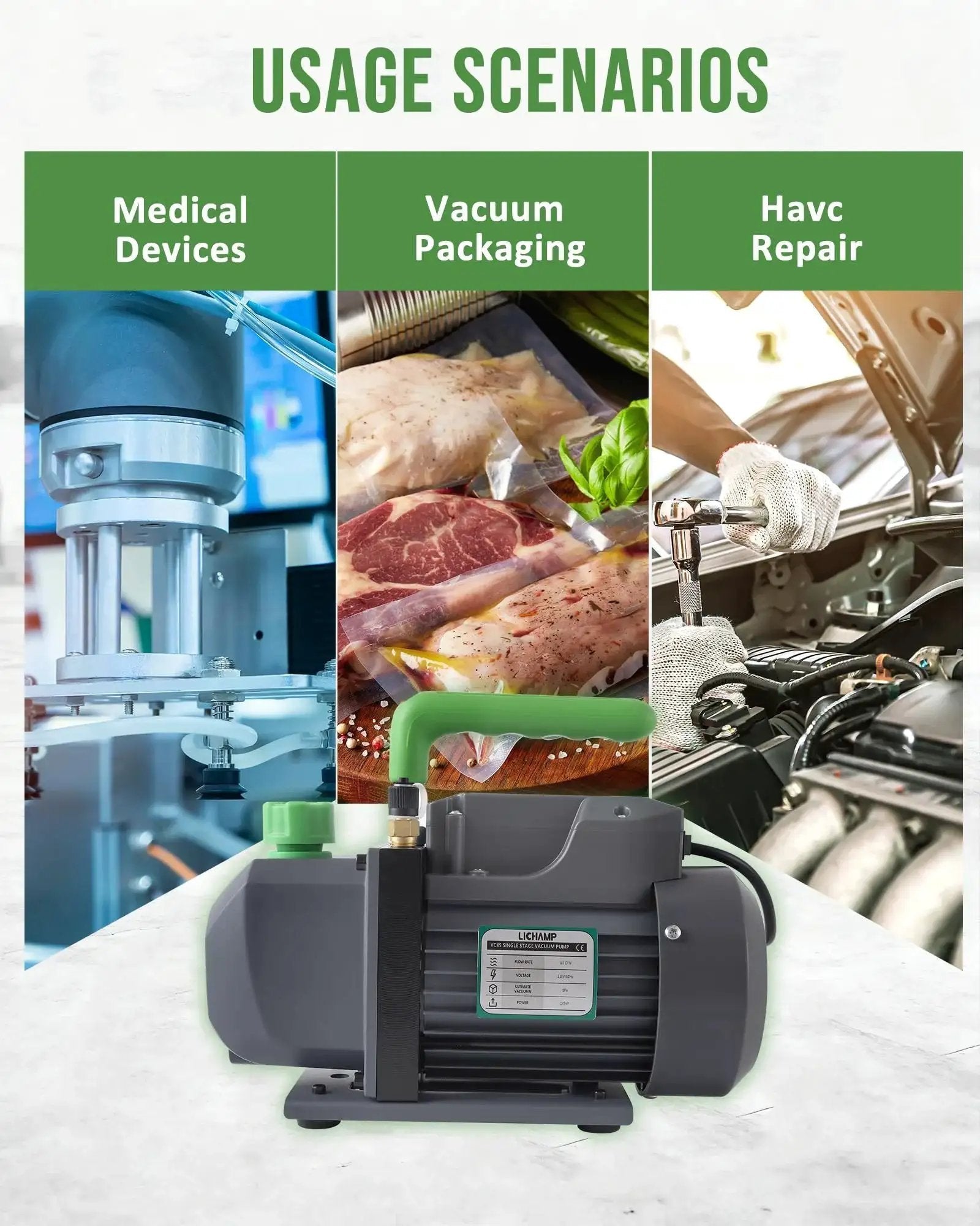 Heavy Duty Four Point Five CFM HVAC Vacuum Pump With One Third Horsepower Motor Single Stage for Medical, Packaging, HAVC Use