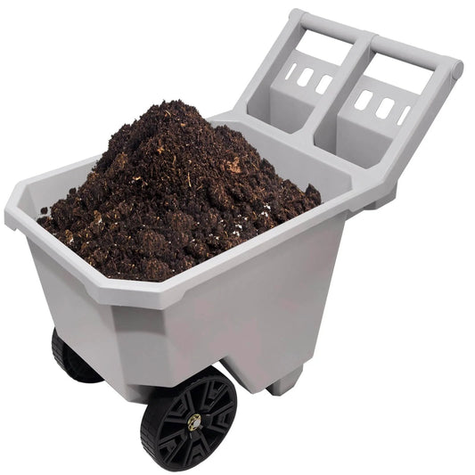 2 Wheel Wheelbarrow 300 LB Capacity Heavy Duty Yard Cart with 9 Inch Solid Tires Push Pull Design and Durable Grey Plastic Tub filled with soil