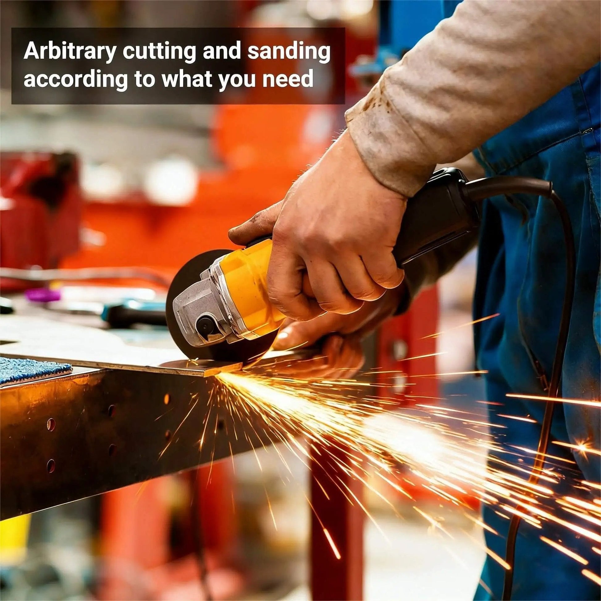Person using an angle grinder on a metal surface with sparks flying, showcasing arbitrary cutting and sanding capabilities.