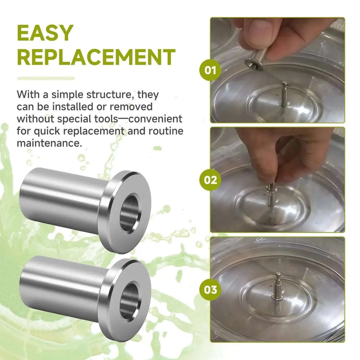 Installation steps for Six Pack 3220 Bearing Sleeves For Grindmaster Crathco Beverage Dispensers with easy replacement text and stainless steel sleeves close-up.