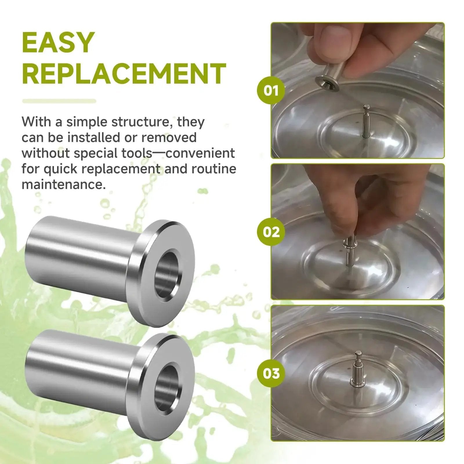 Installation steps for Six Pack 3220 Bearing Sleeves For Grindmaster Crathco Beverage Dispensers with easy replacement text and stainless steel sleeves close-up.